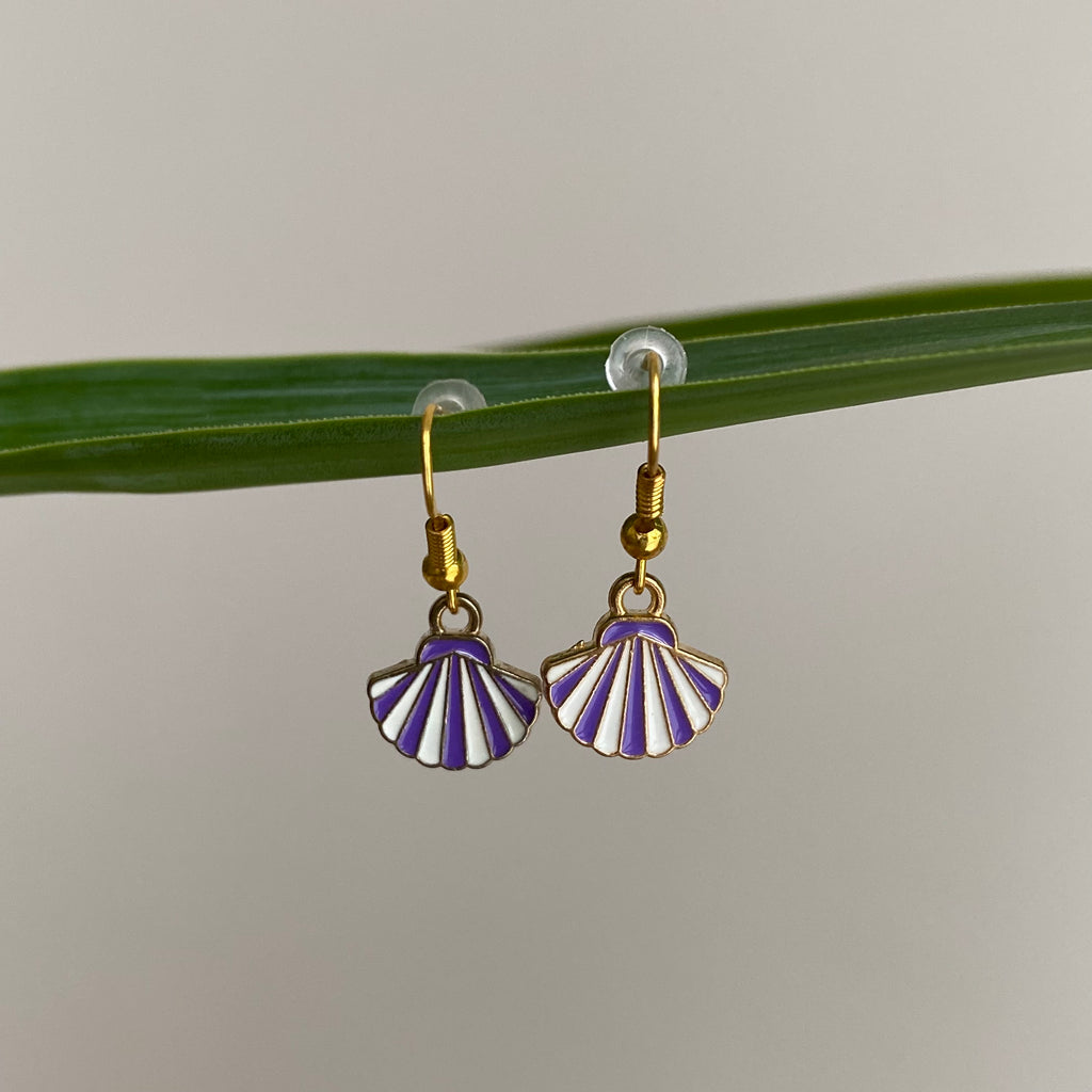 Purple/White Striped Seashell Dangle Earrings