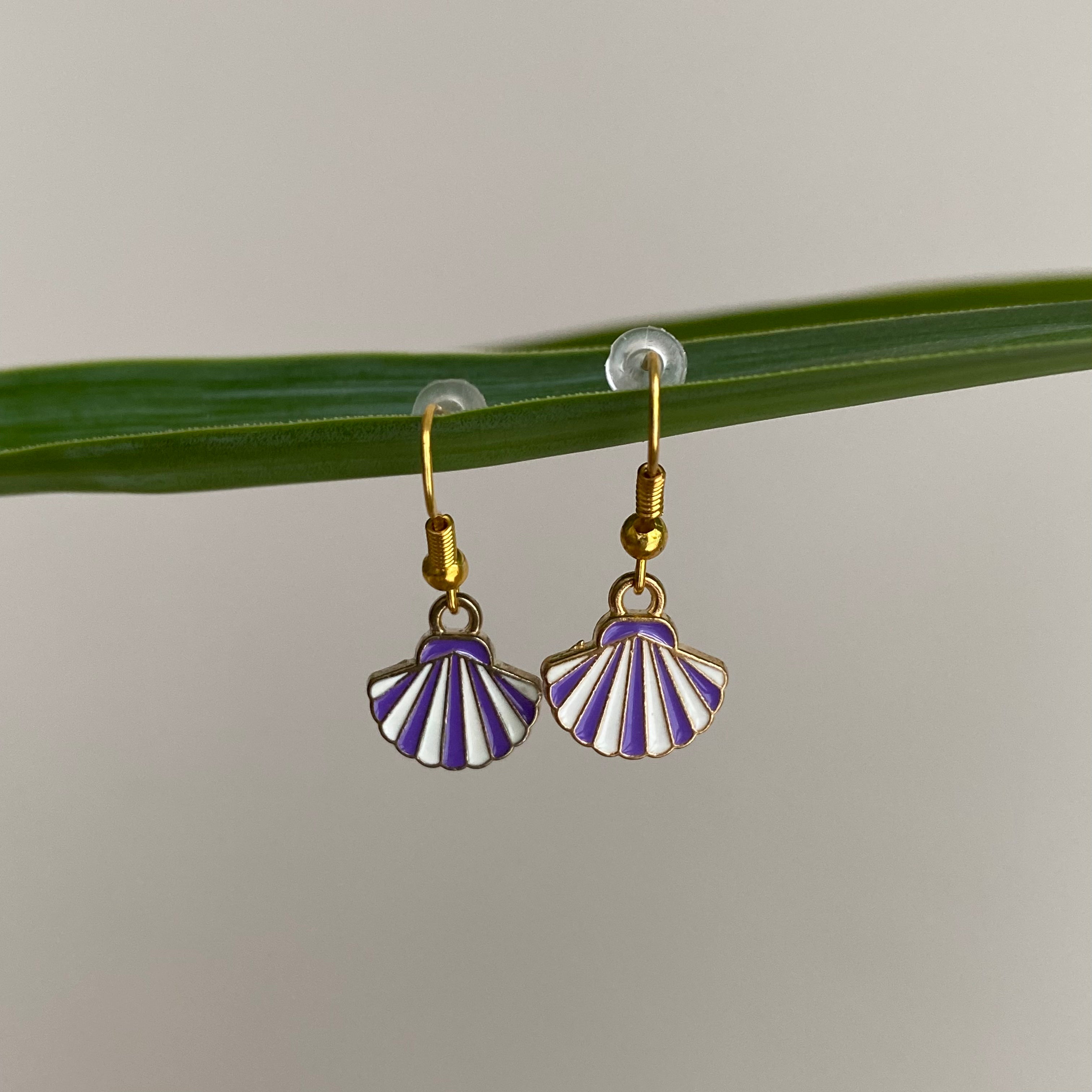 Purple/White Striped Seashell Dangle Earrings