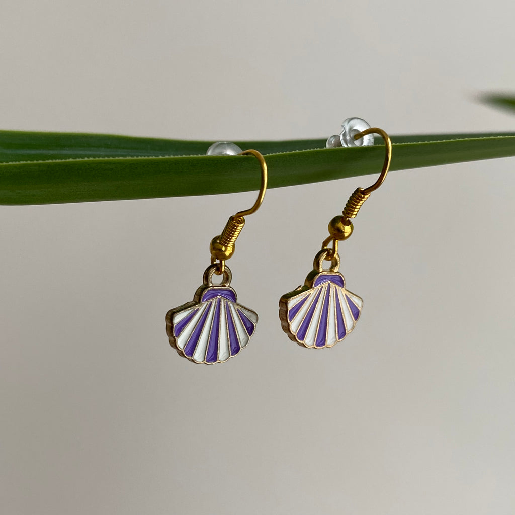 Purple/White Striped Seashell Dangle Earrings