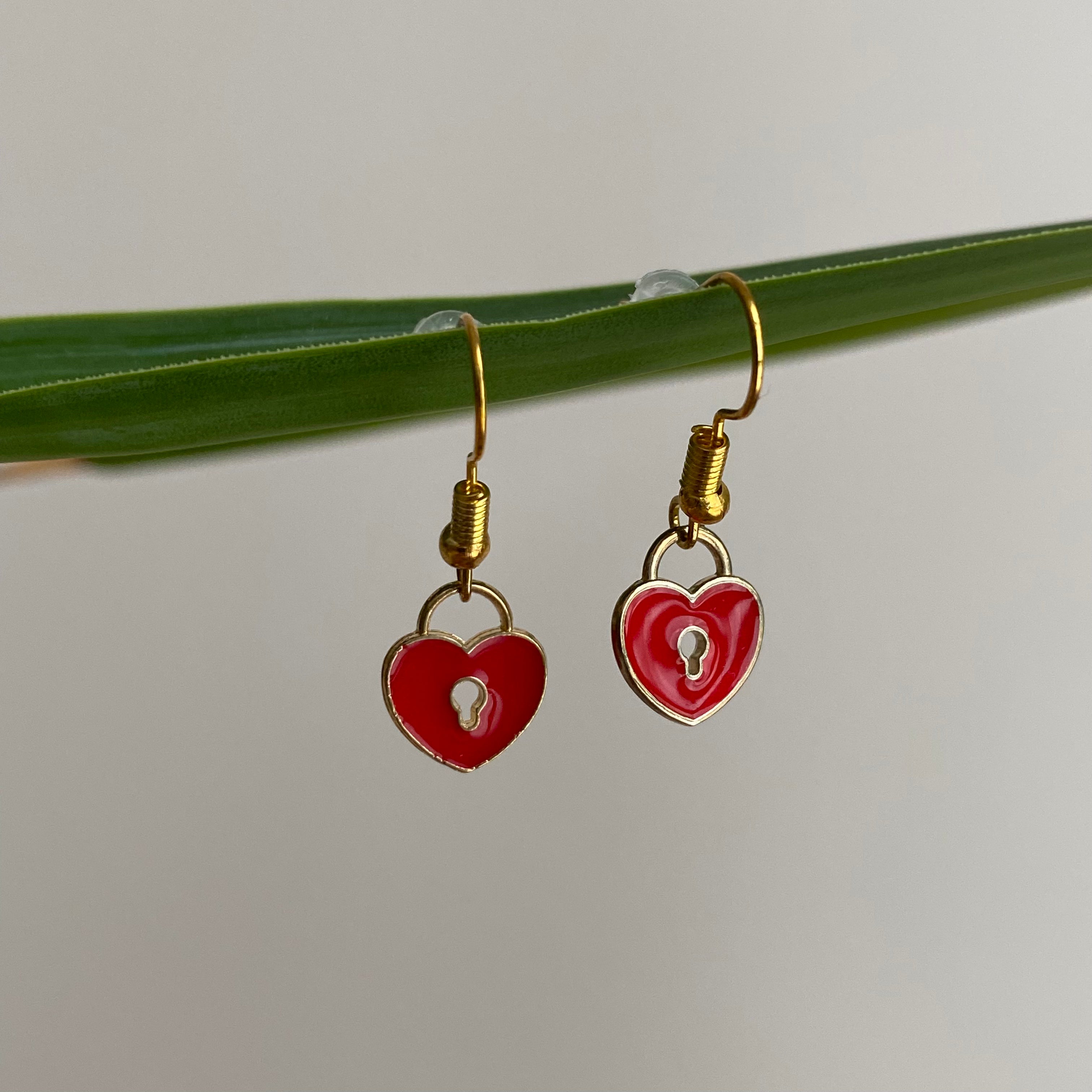 Red Heart Lock Dangle Earrings