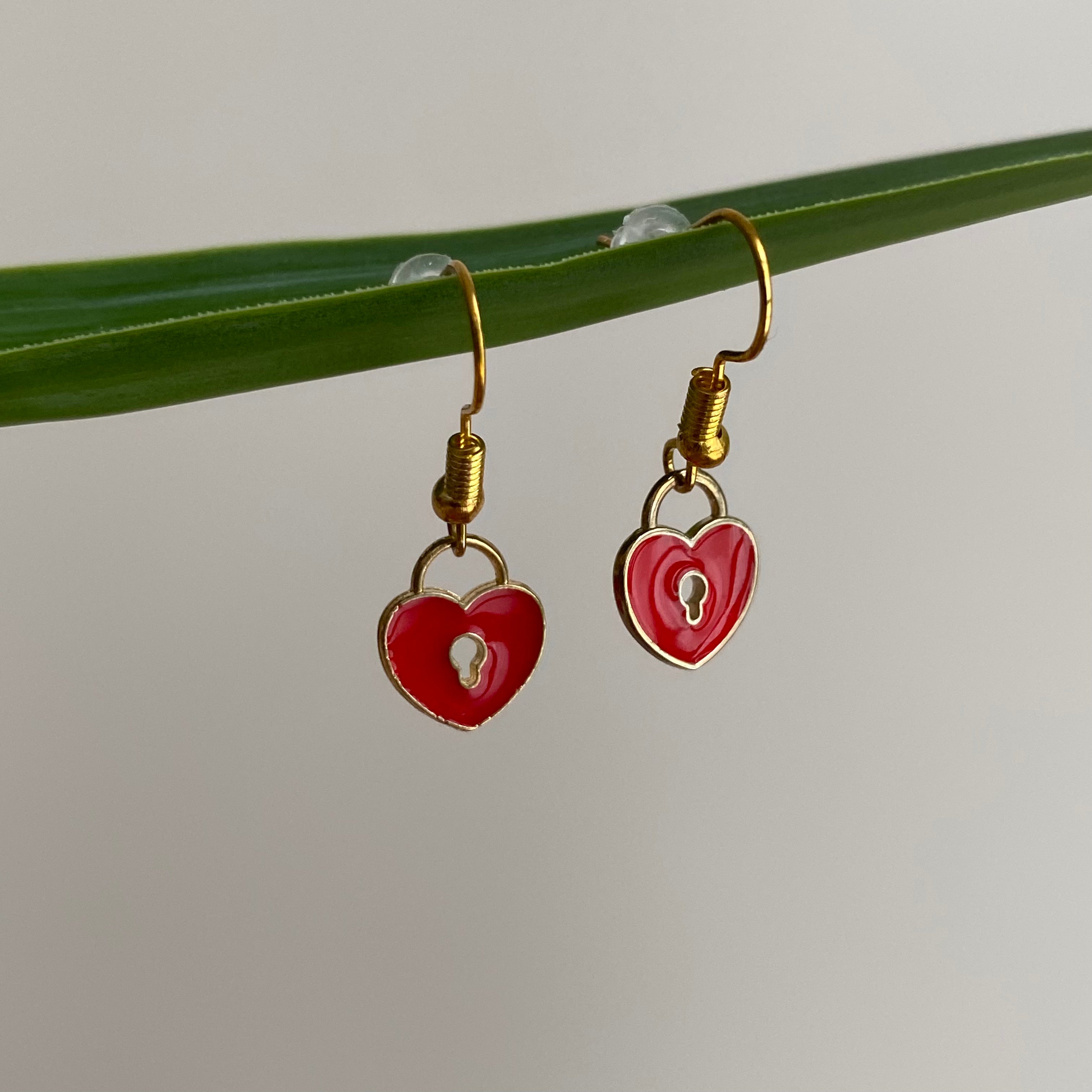 Red Heart Lock Dangle Earrings