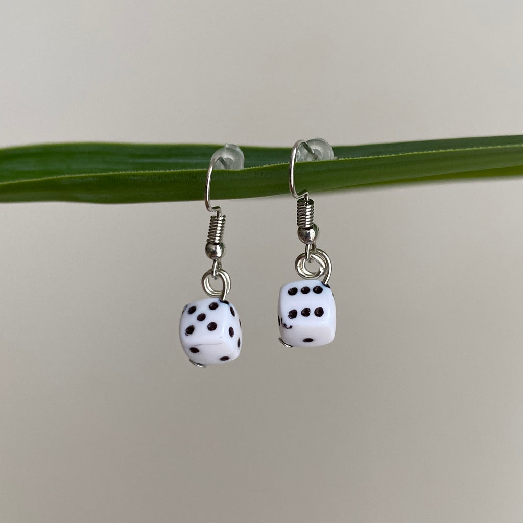 White Lucky Dice Dangle Earrings