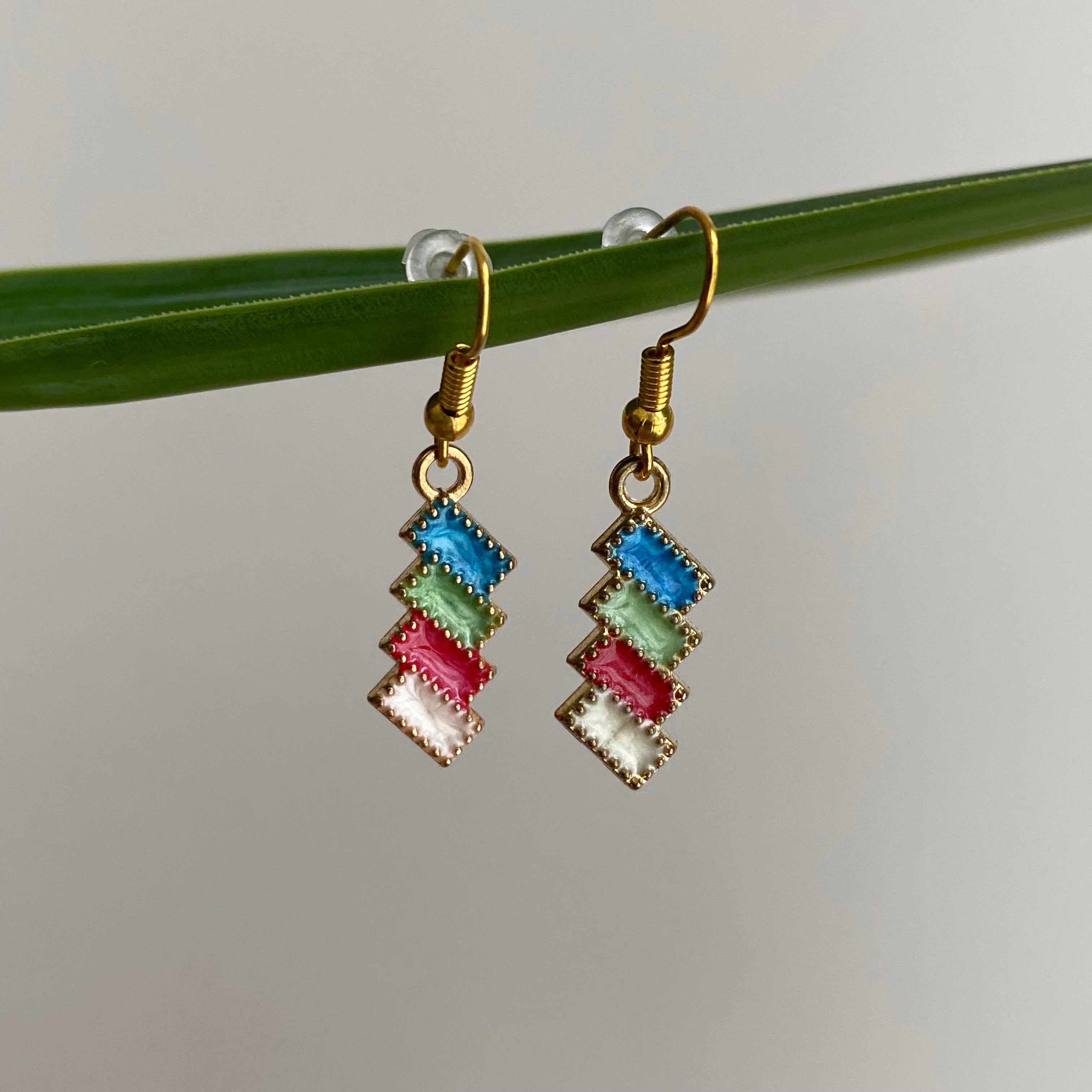Fiesta Party Blue, Green, Red, White Rectangles Dangle Earrings