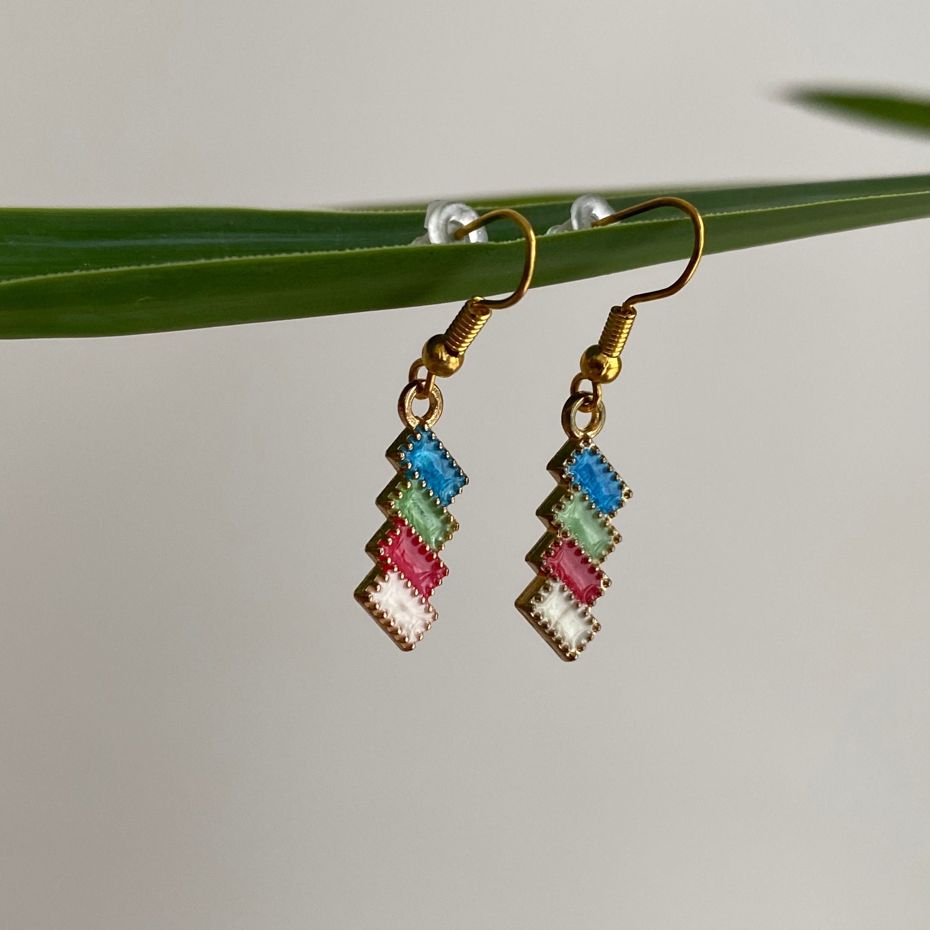 Fiesta Party Blue, Green, Red, White Rectangles Dangle Earrings