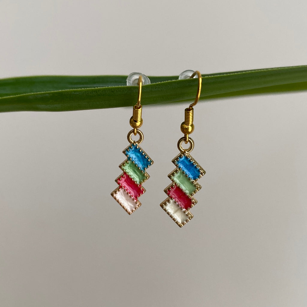 Fiesta Party Blue, Green, Red, White Rectangles Dangle Earrings
