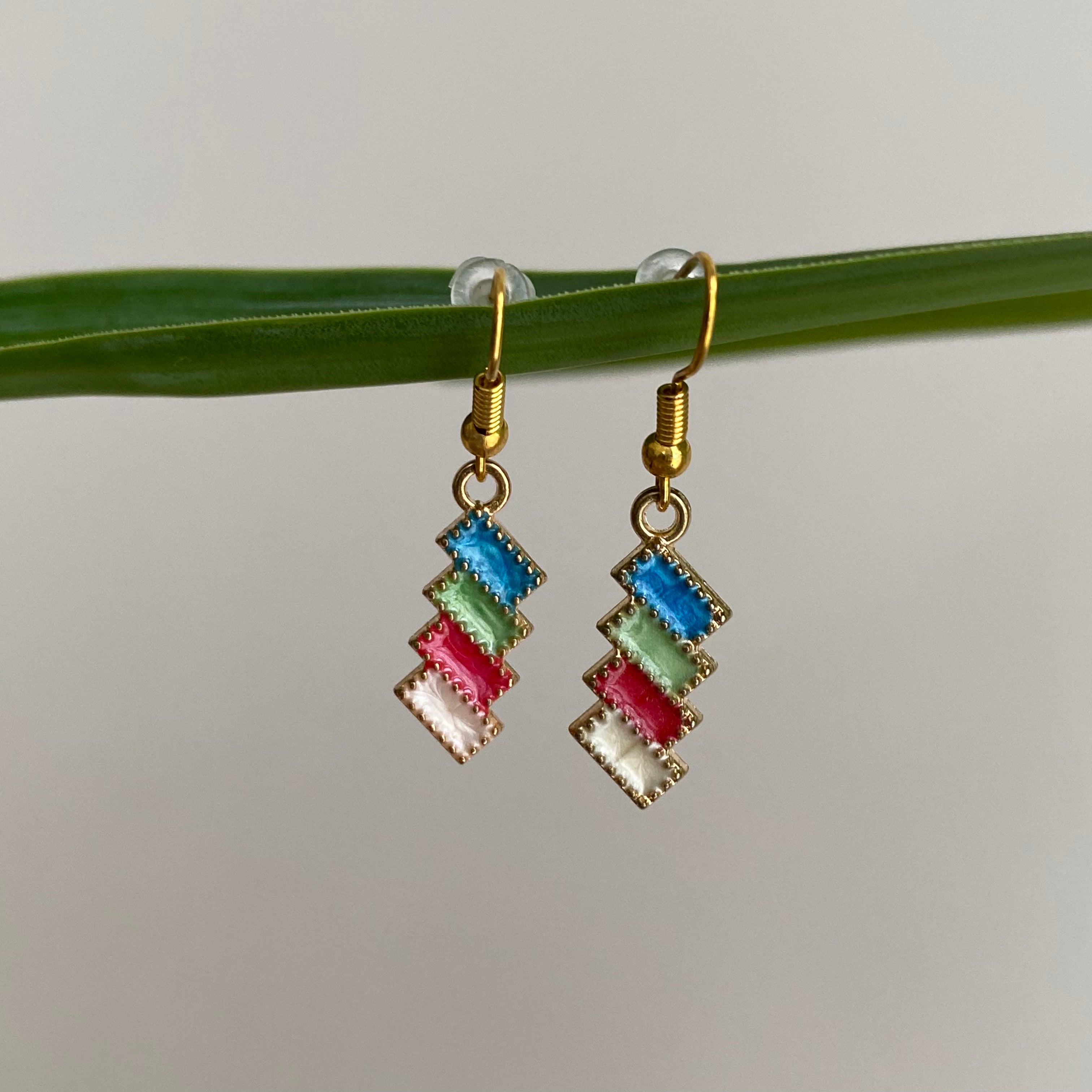 Fiesta Party Blue, Green, Red, White Rectangles Dangle Earrings