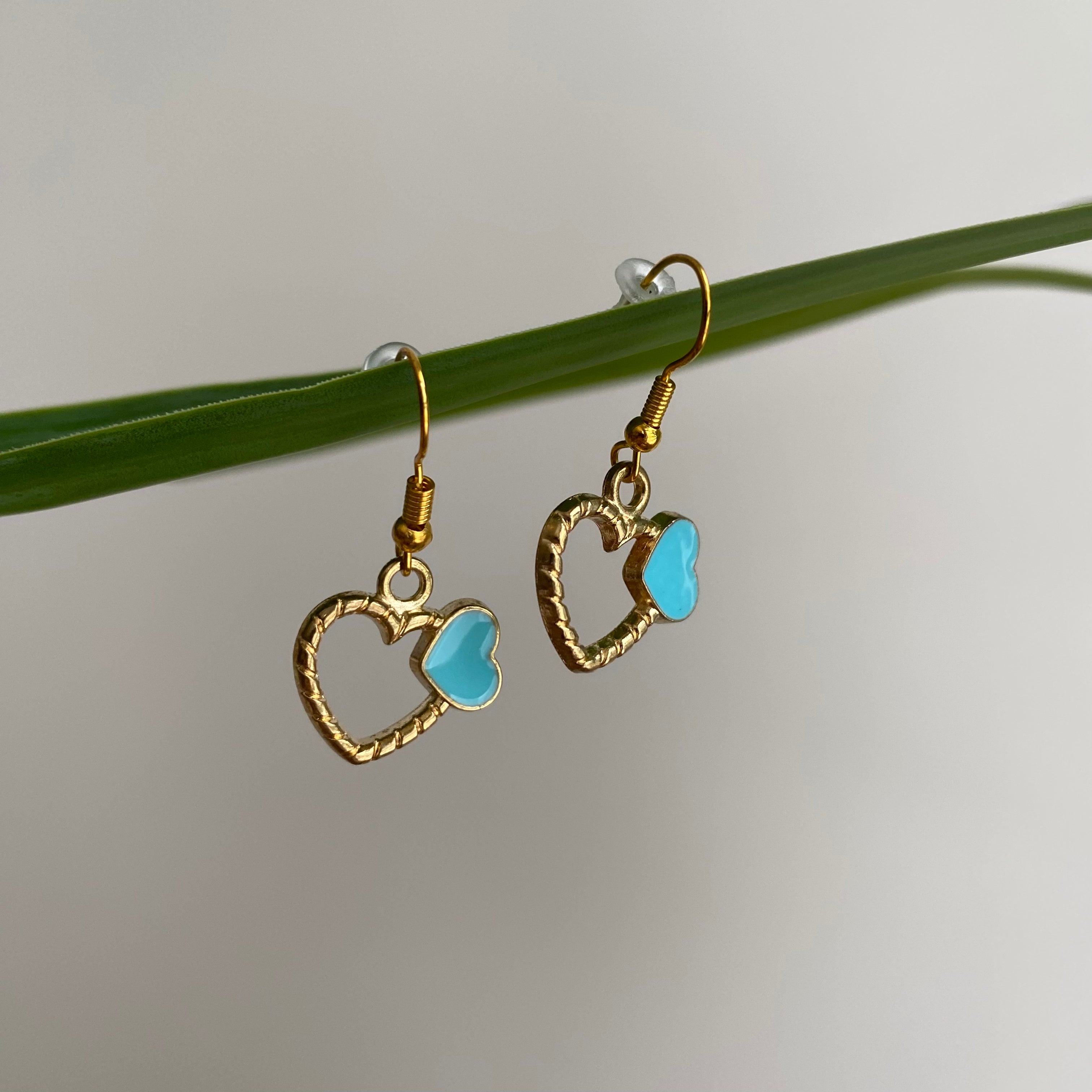 Gold/Blue Hearts Dangle Earrings