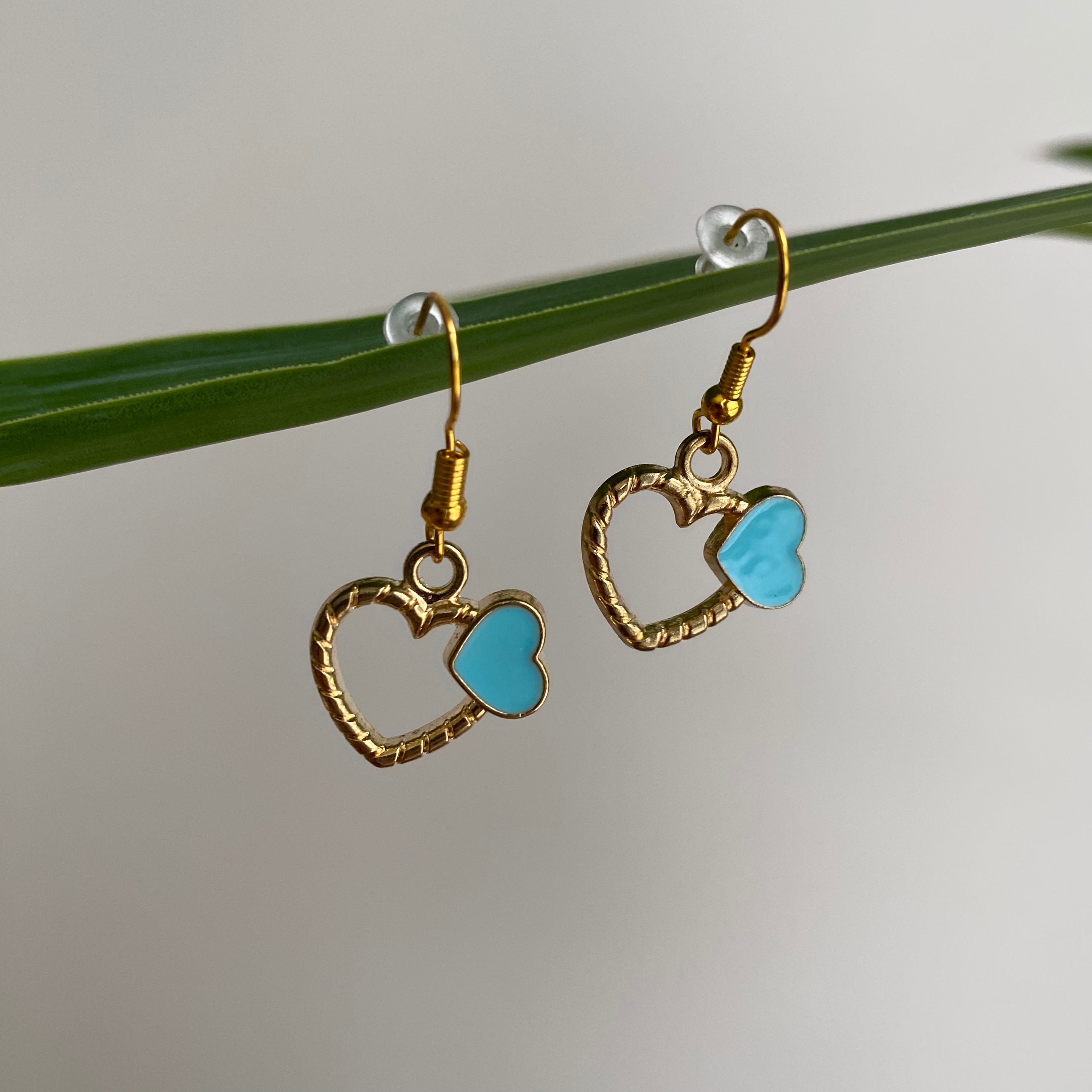 Gold/Blue Hearts Dangle Earrings