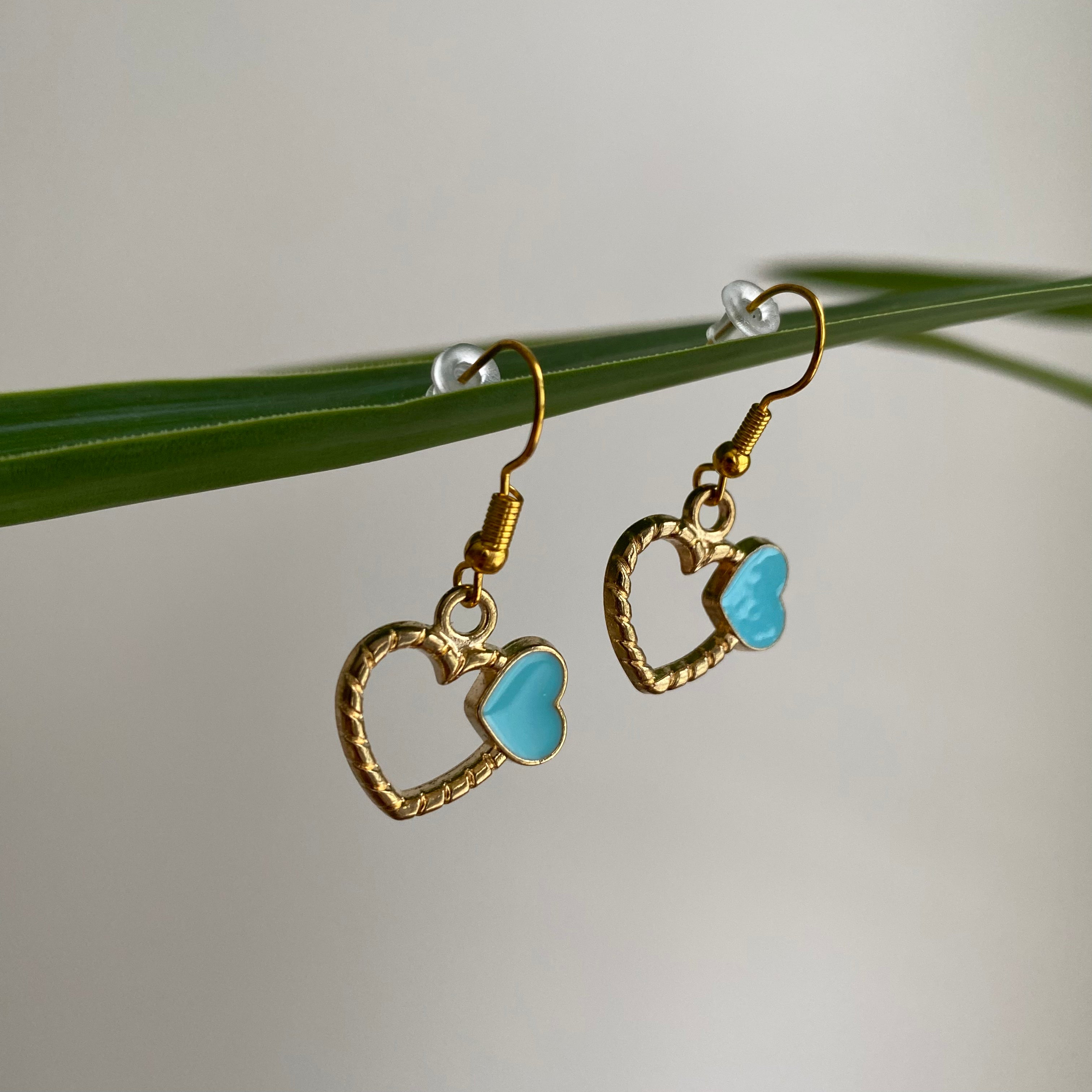 Gold/Blue Hearts Dangle Earrings