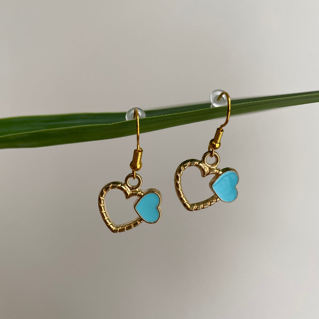 Gold/Blue Hearts Dangle Earrings