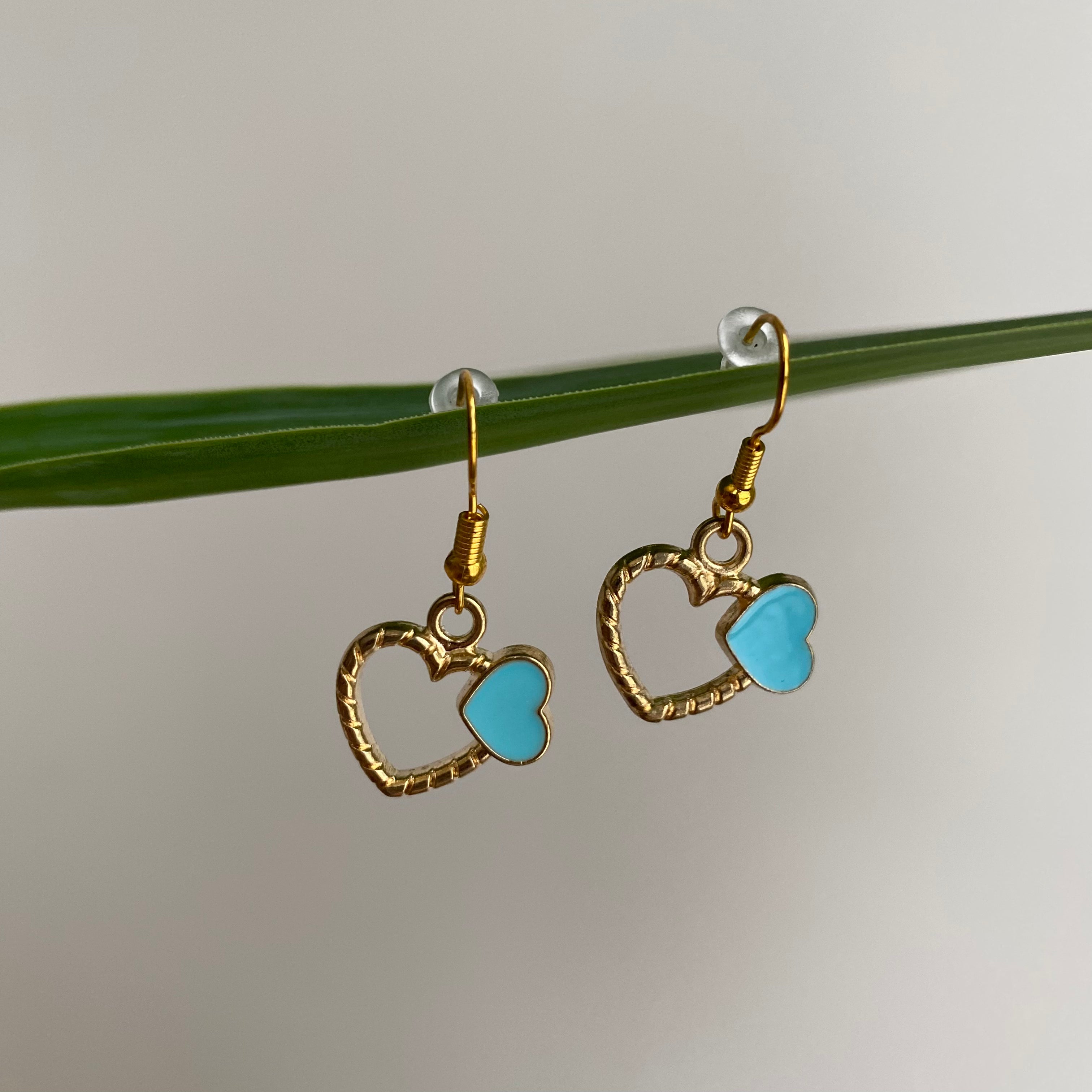 Gold/Blue Hearts Dangle Earrings