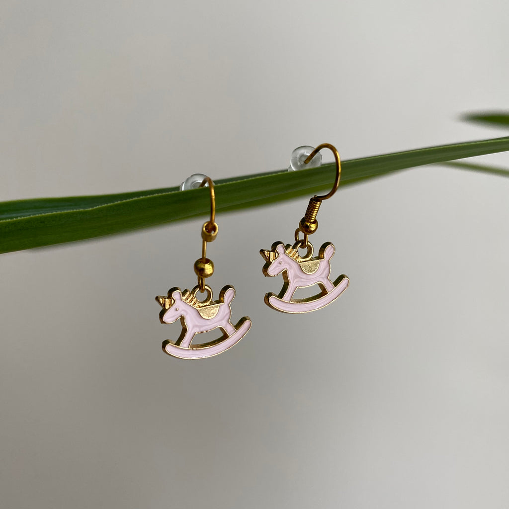 Pink Rocking Horse Unicorn Dangle Earrings