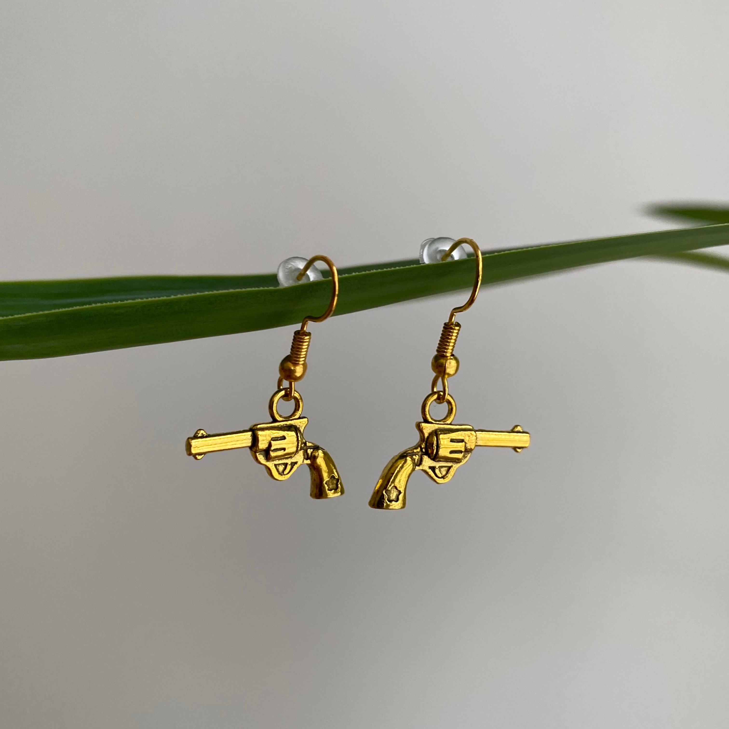 Gold Western Guns Dangle Earrings