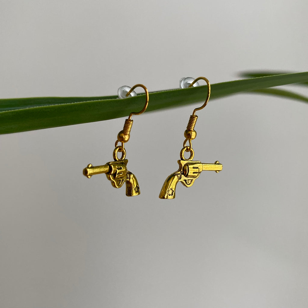 Gold Western Guns Dangle Earrings