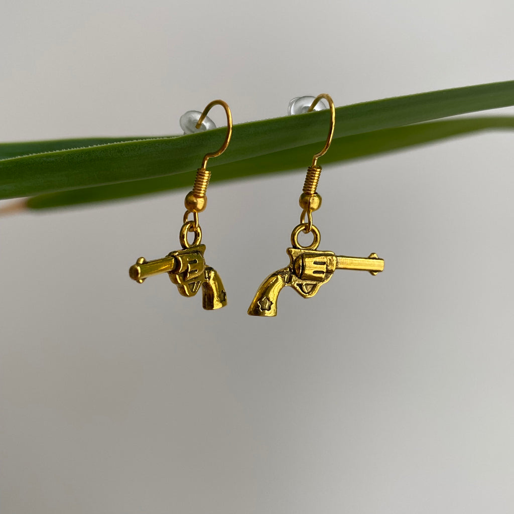 Gold Western Guns Dangle Earrings