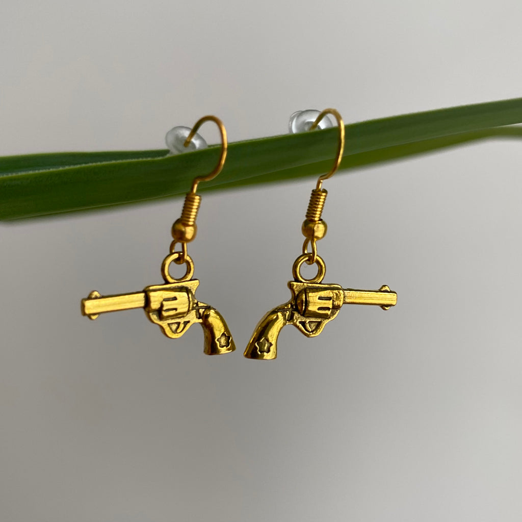 Gold Western Guns Dangle Earrings