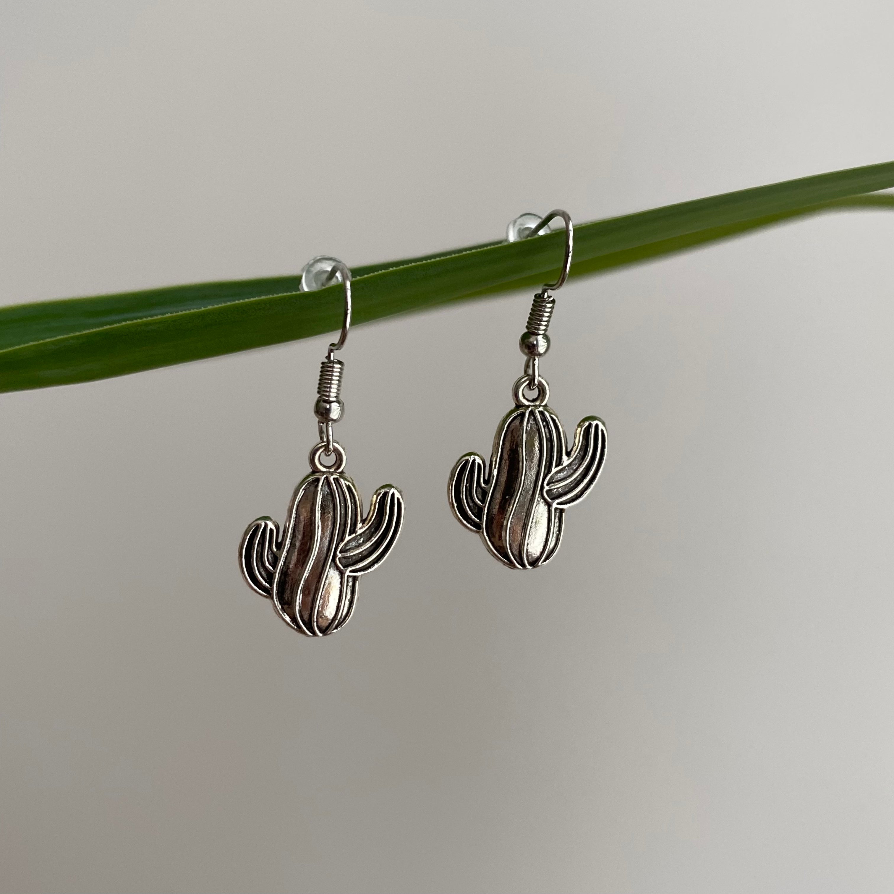 Silver Western Cactus Dangle Earrings