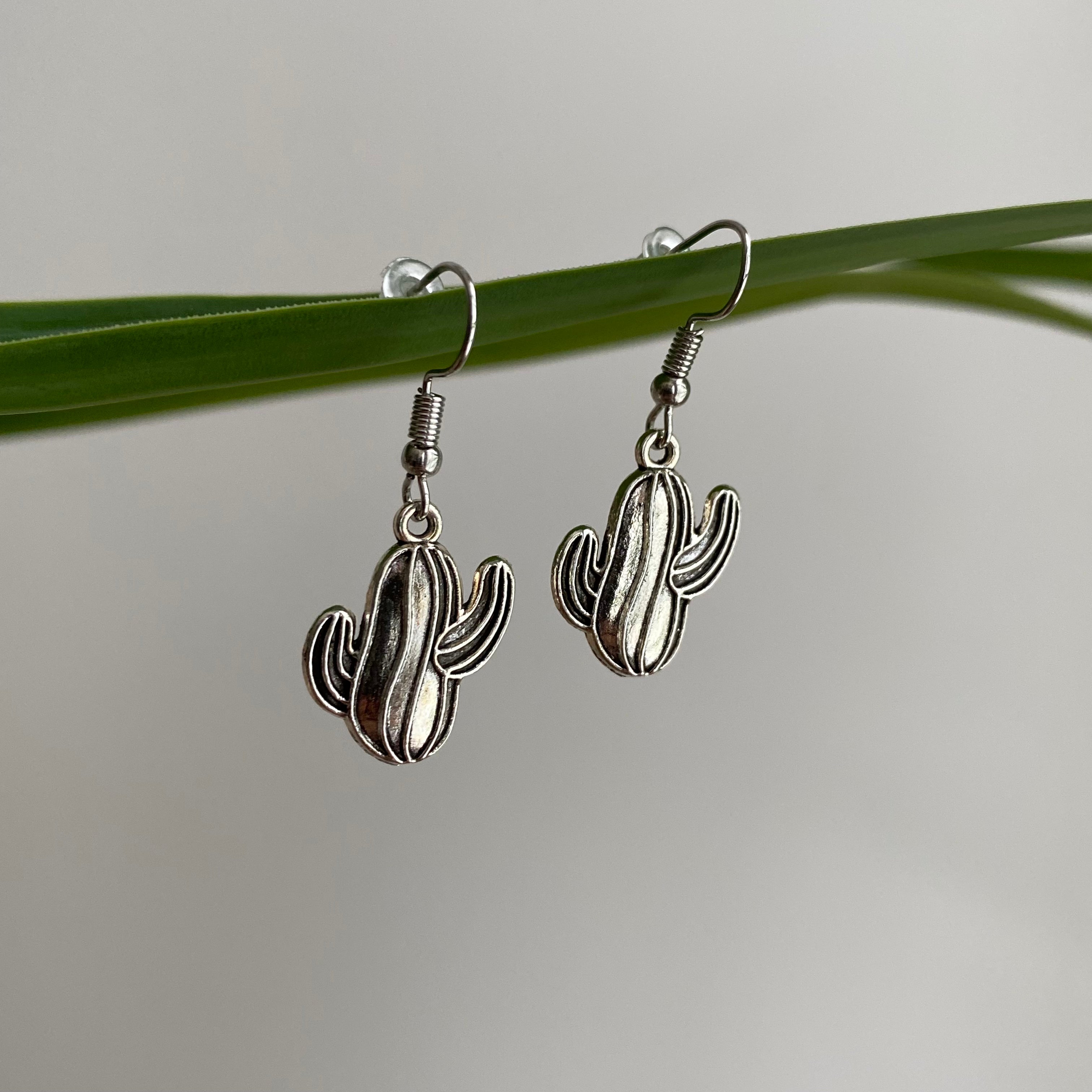 Silver Western Cactus Dangle Earrings