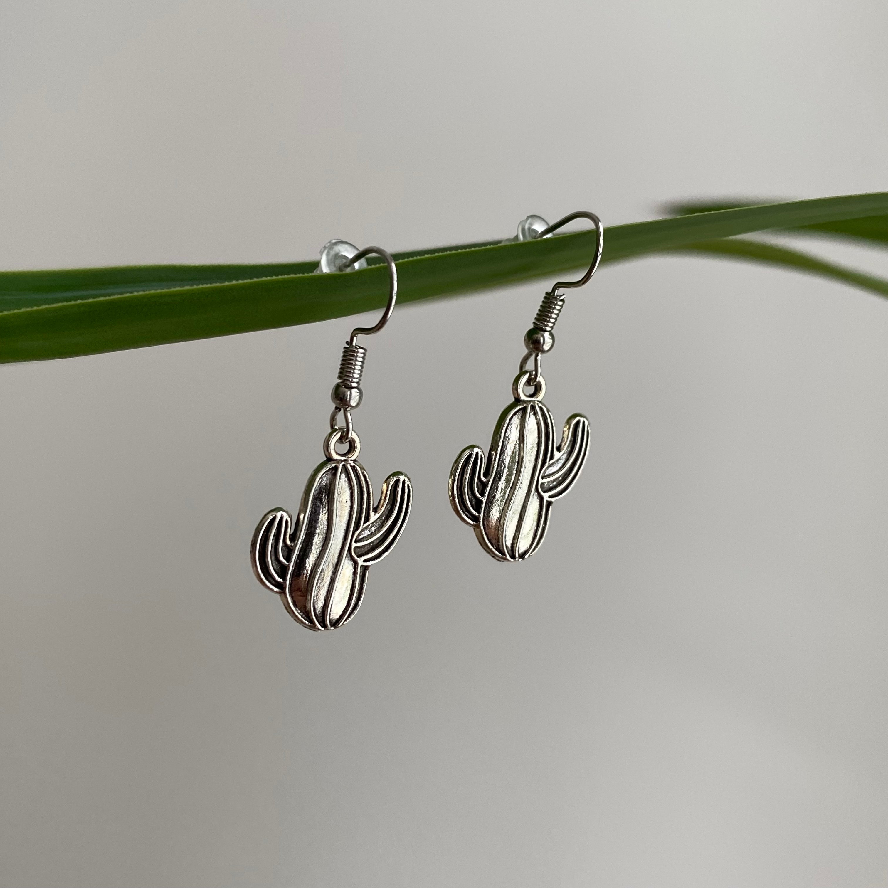 Silver Western Cactus Dangle Earrings