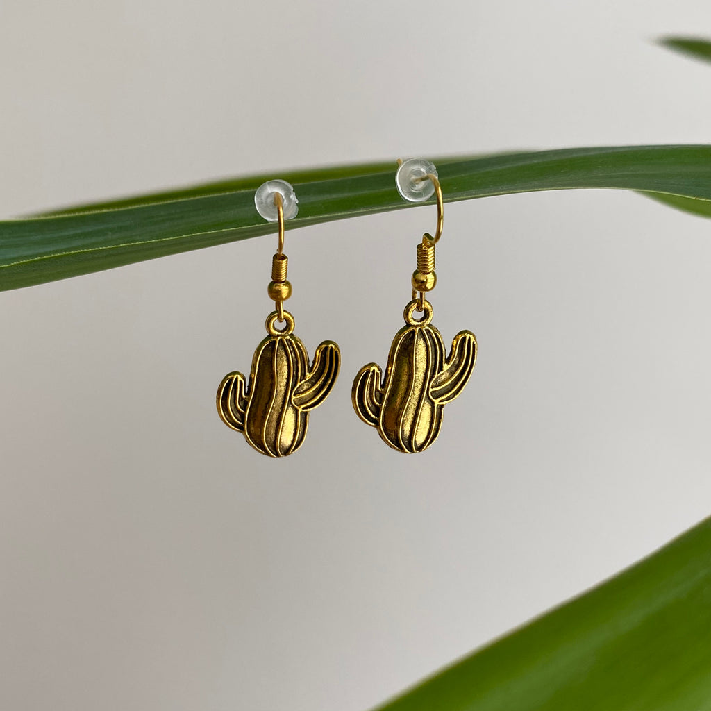 Gold Western Cactus Dangle Earrings