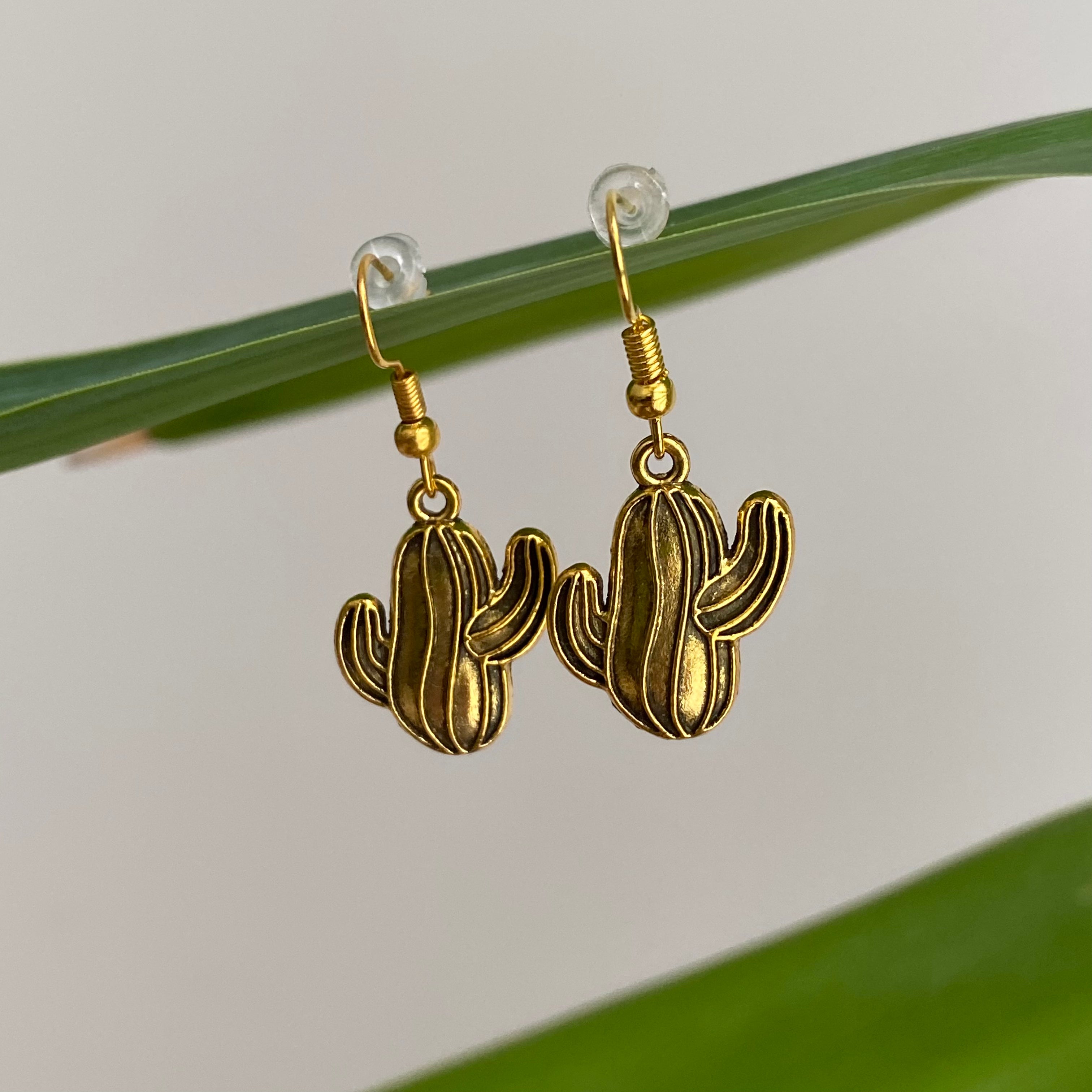 Gold Western Cactus Dangle Earrings
