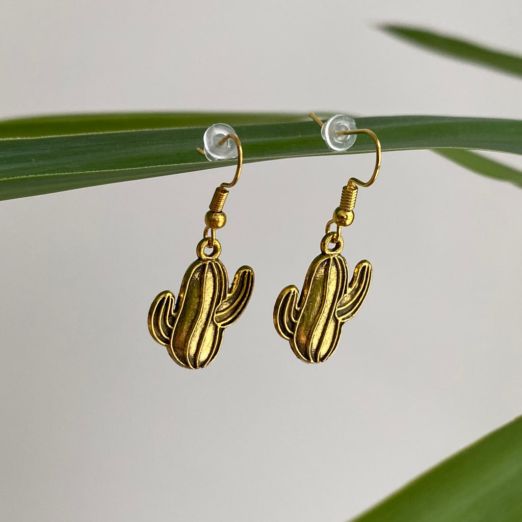 Gold Western Cactus Dangle Earrings