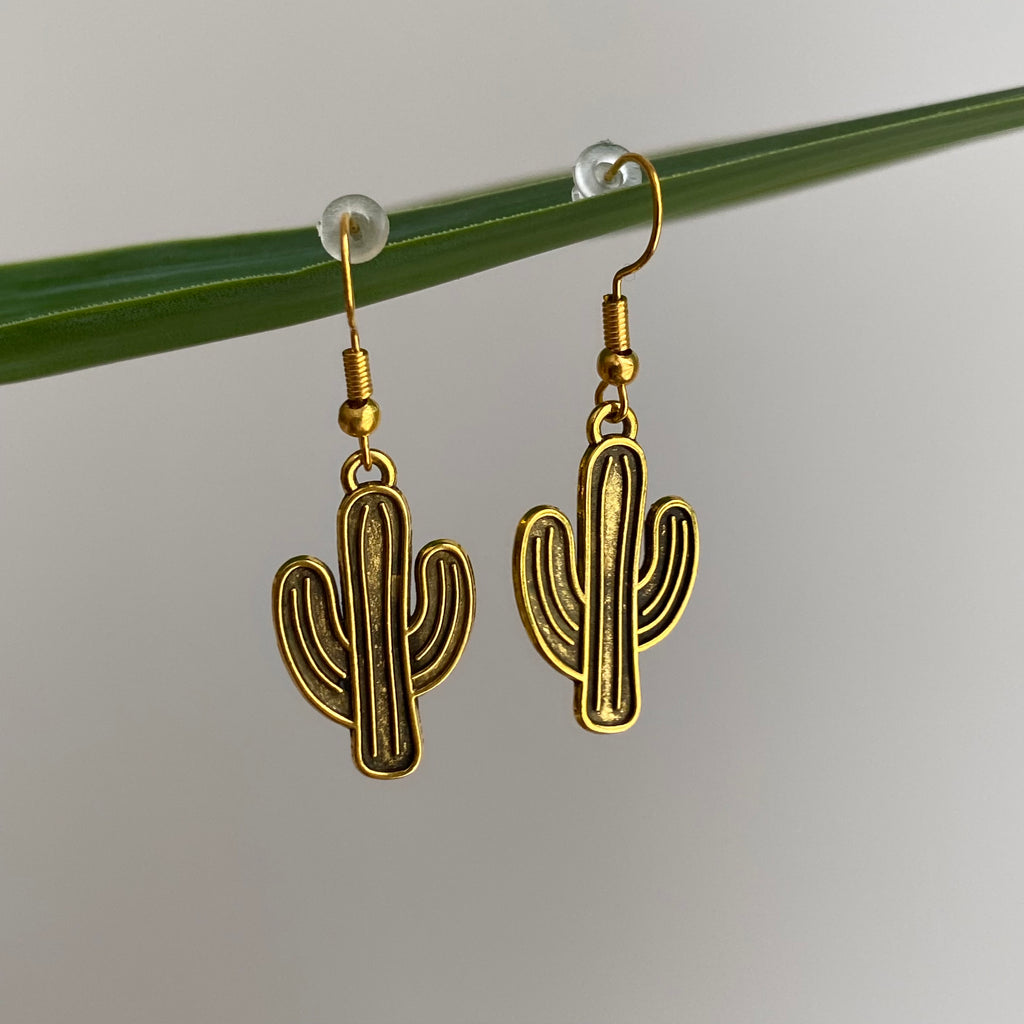 Gold Cactus Dangle Earrings