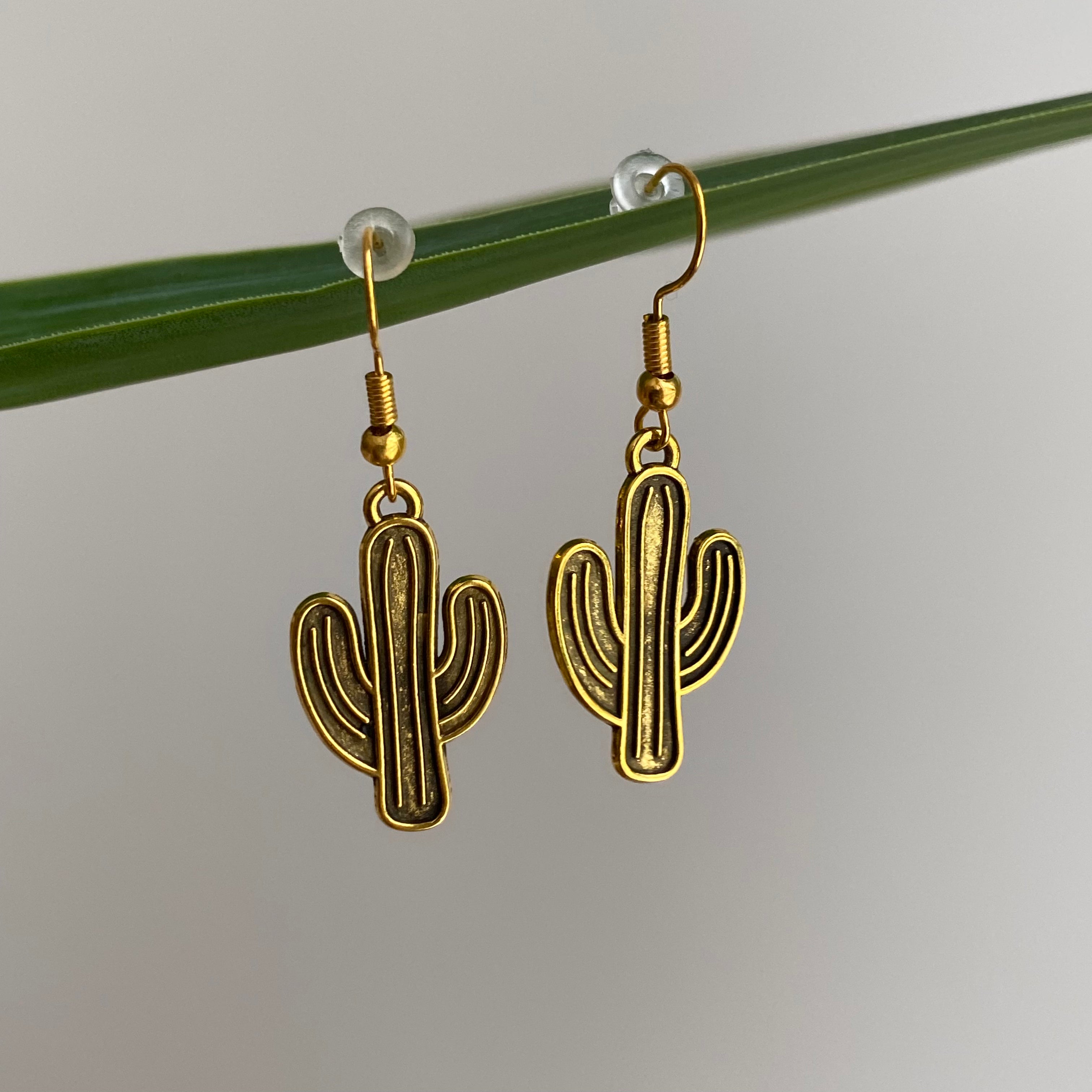 Gold Cactus Dangle Earrings