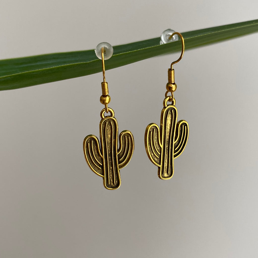 Gold Cactus Dangle Earrings