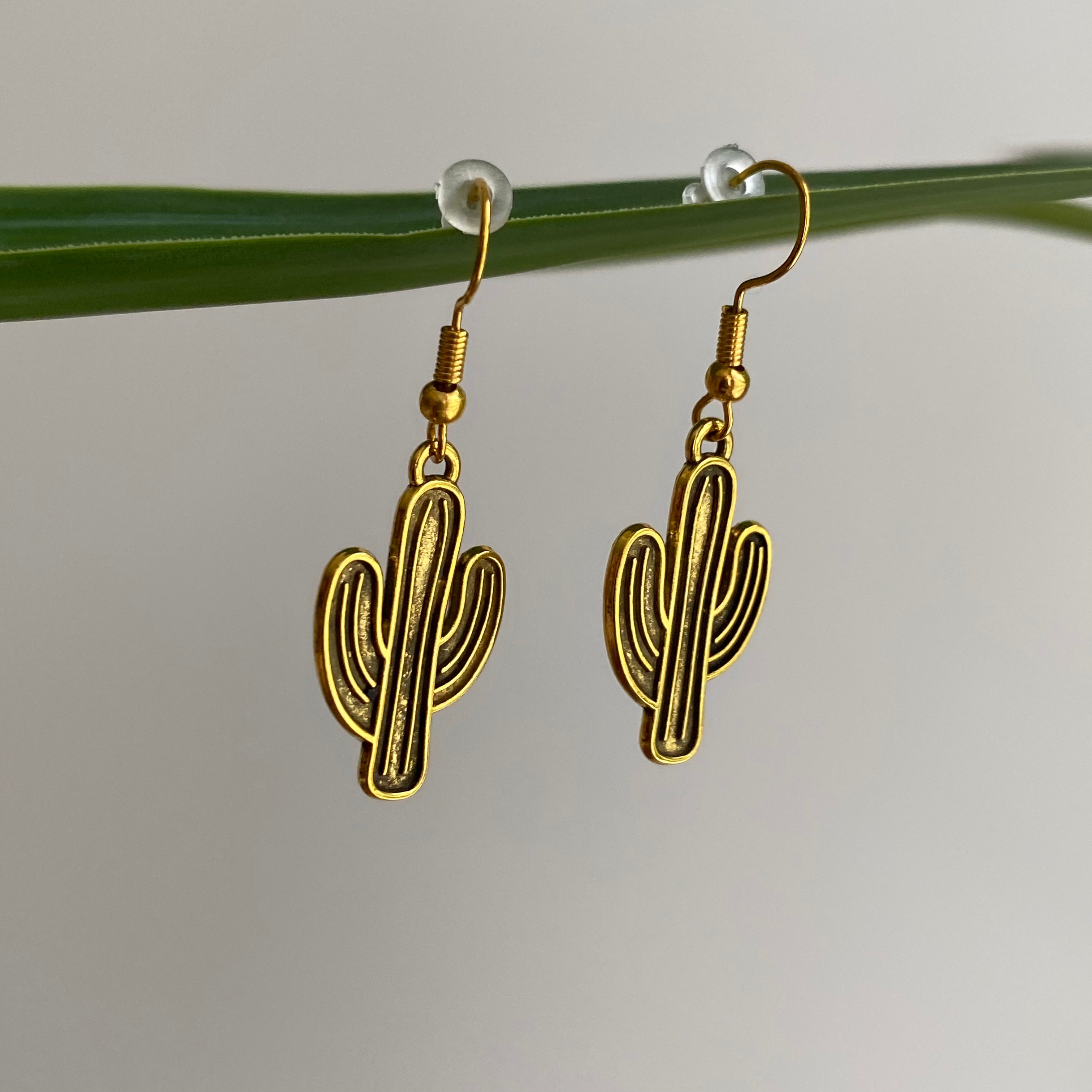 Gold Cactus Dangle Earrings