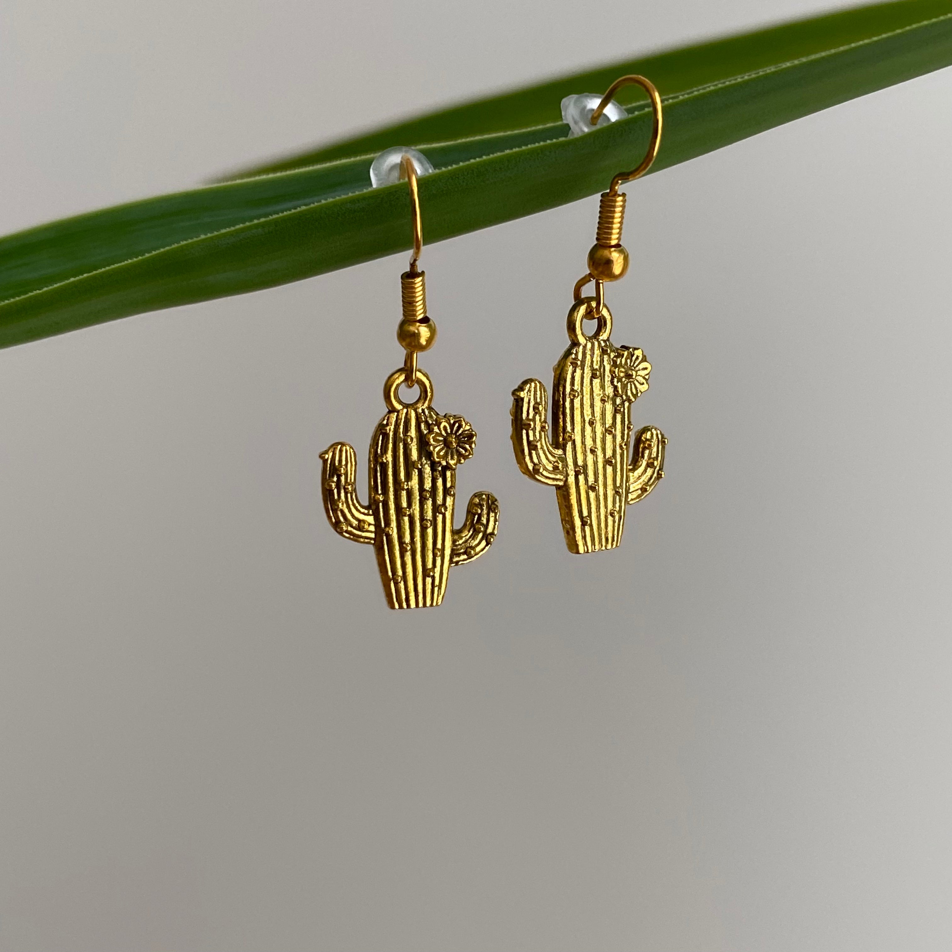 Gold Flowering Cactus Dangle Earrings