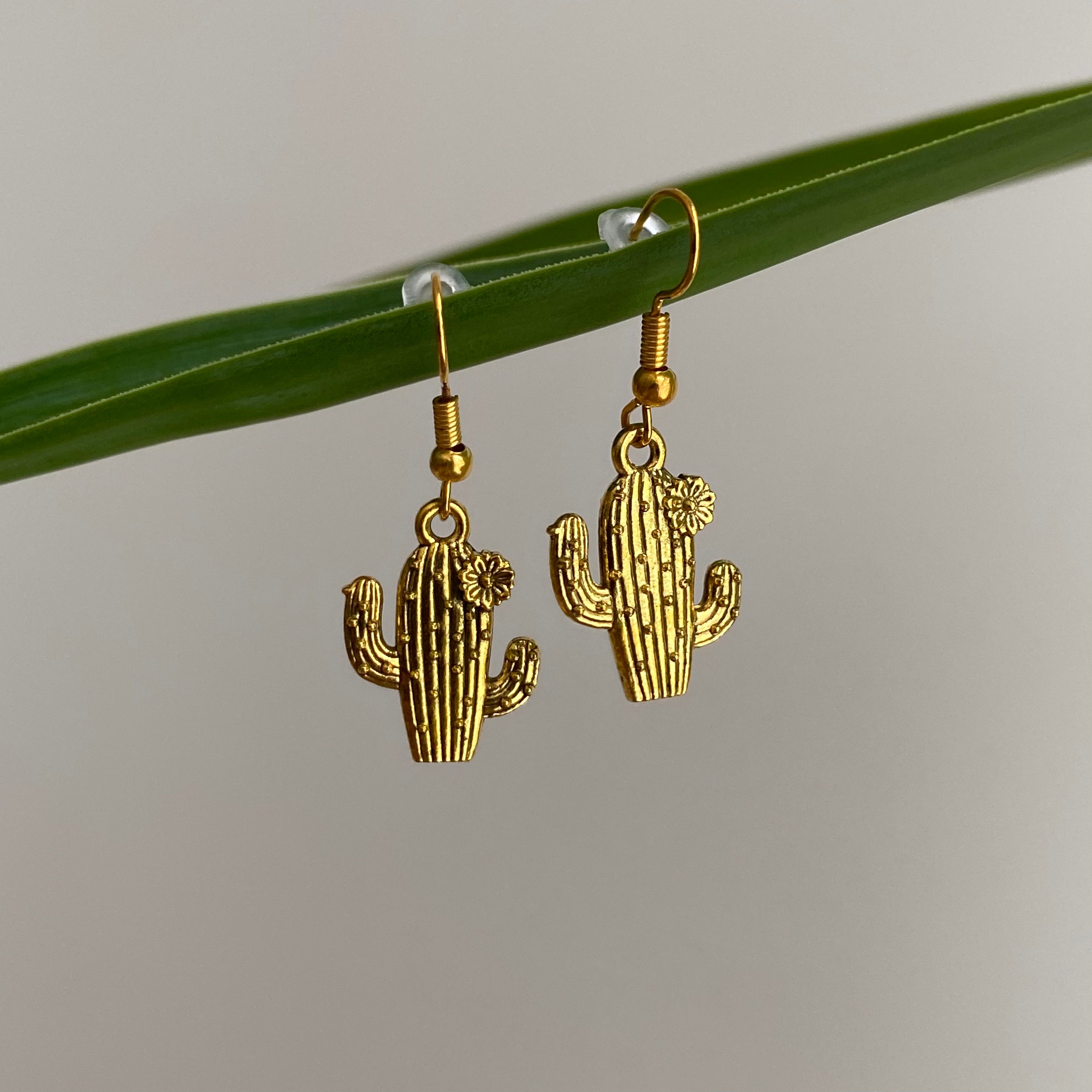 Gold Flowering Cactus Dangle Earrings