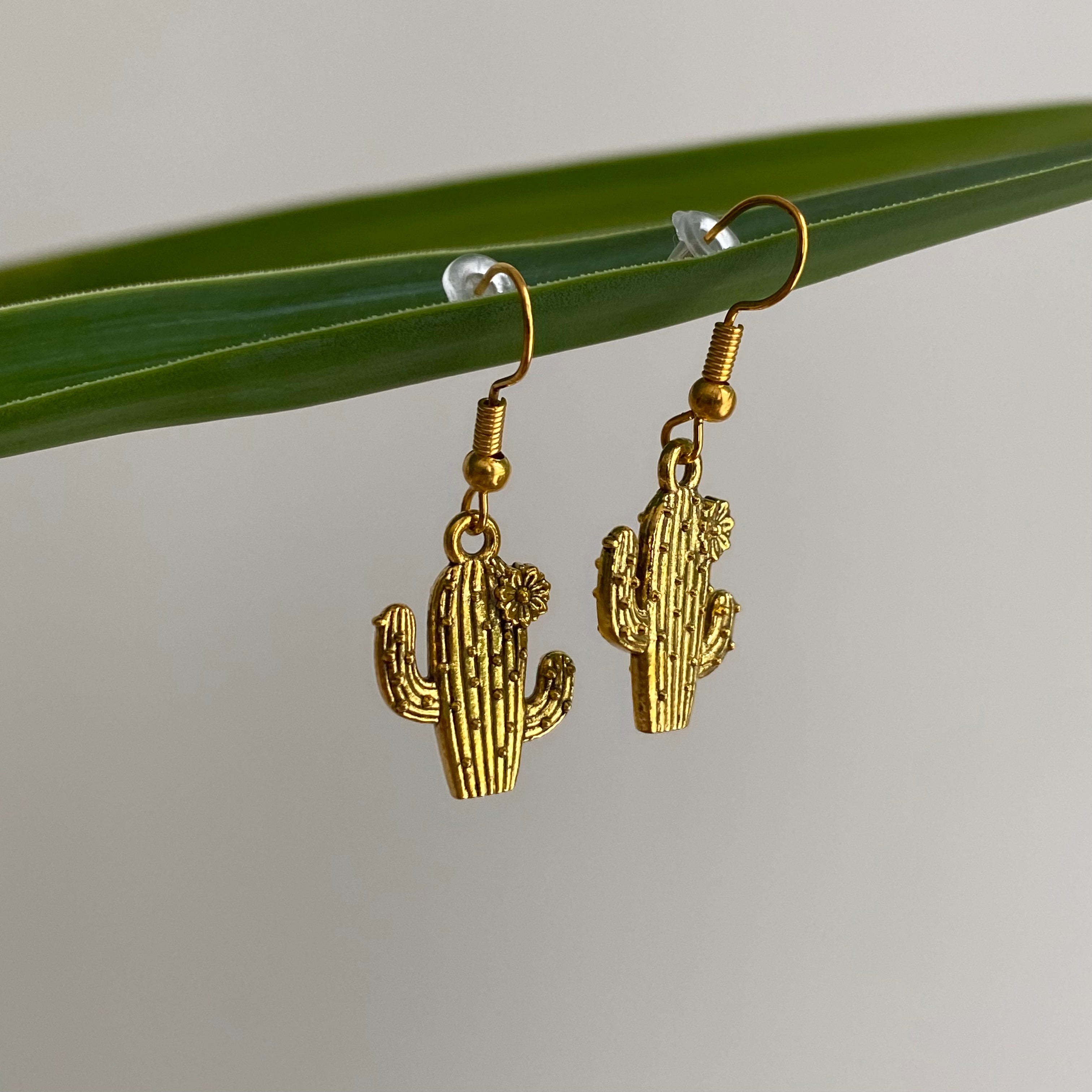 Gold Flowering Cactus Dangle Earrings