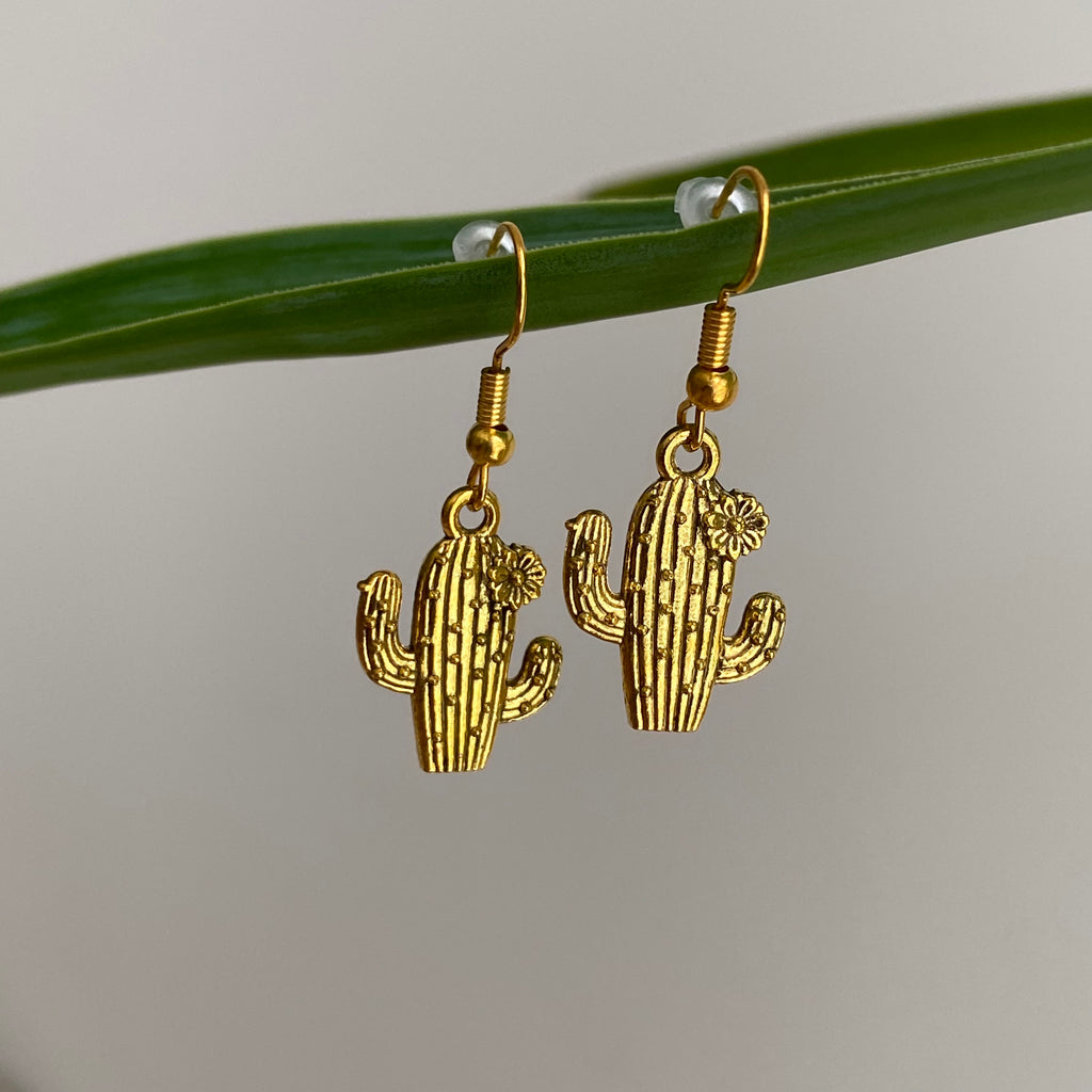 Gold Flowering Cactus Dangle Earrings
