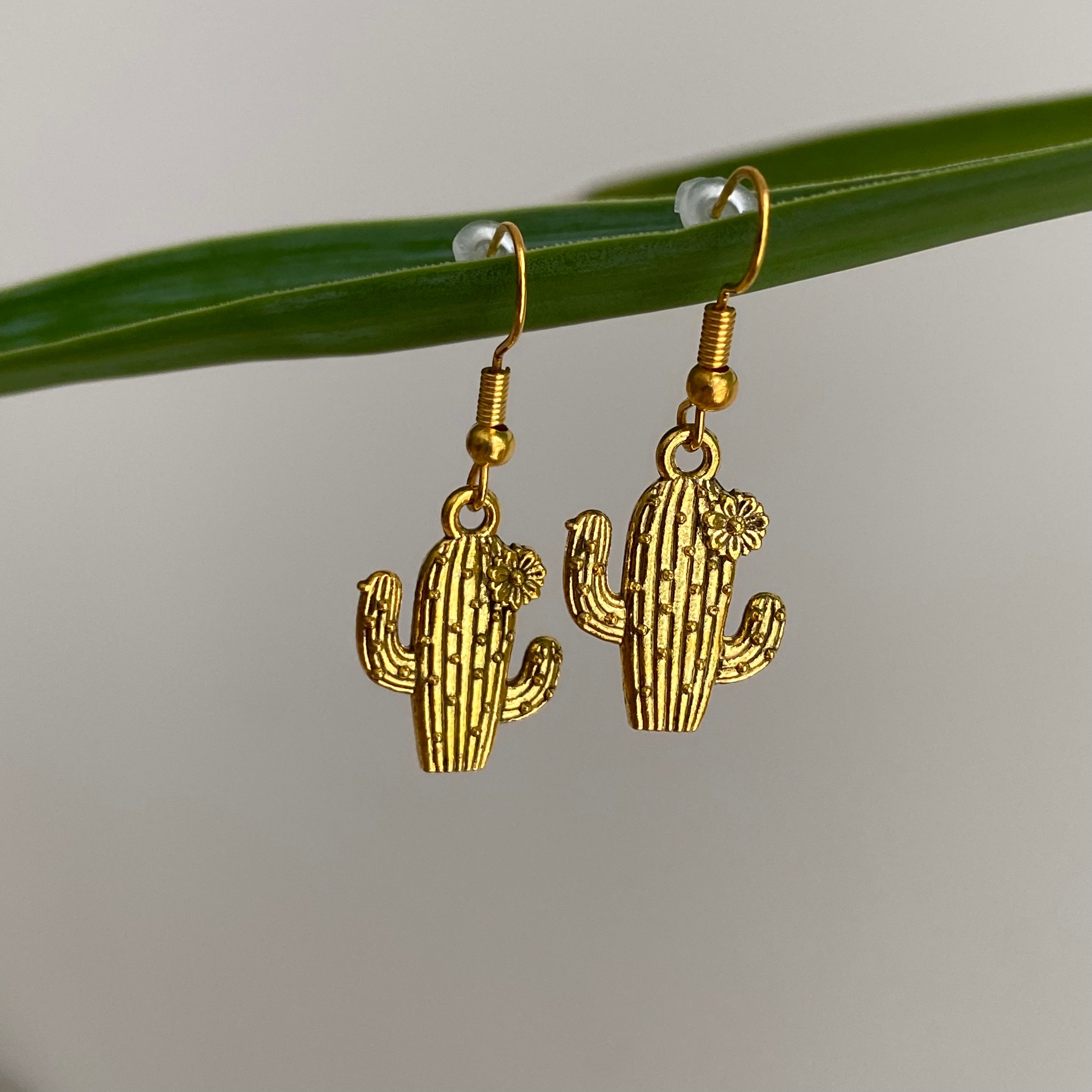 Gold Flowering Cactus Dangle Earrings