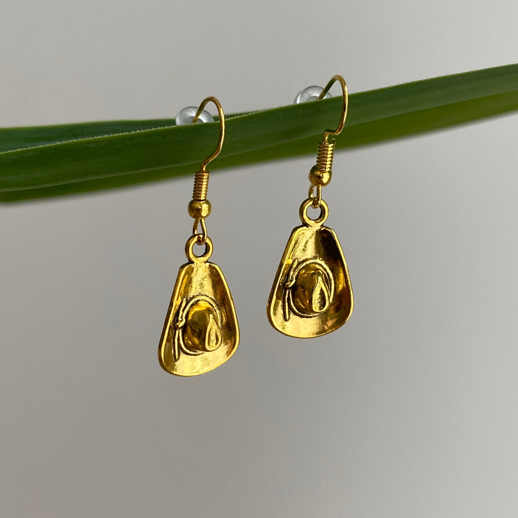 Gold Western Cowgirl Hat Dangle Earrings