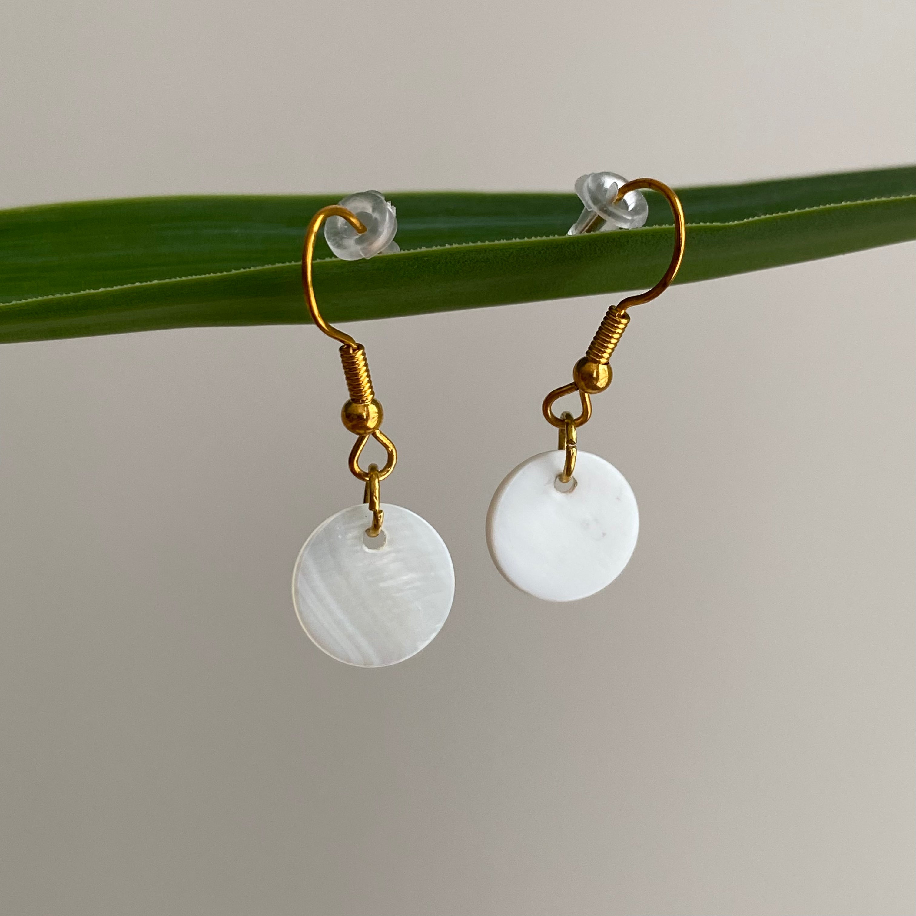 Gold/White Circle Genuine Shell Dangle Earrings
