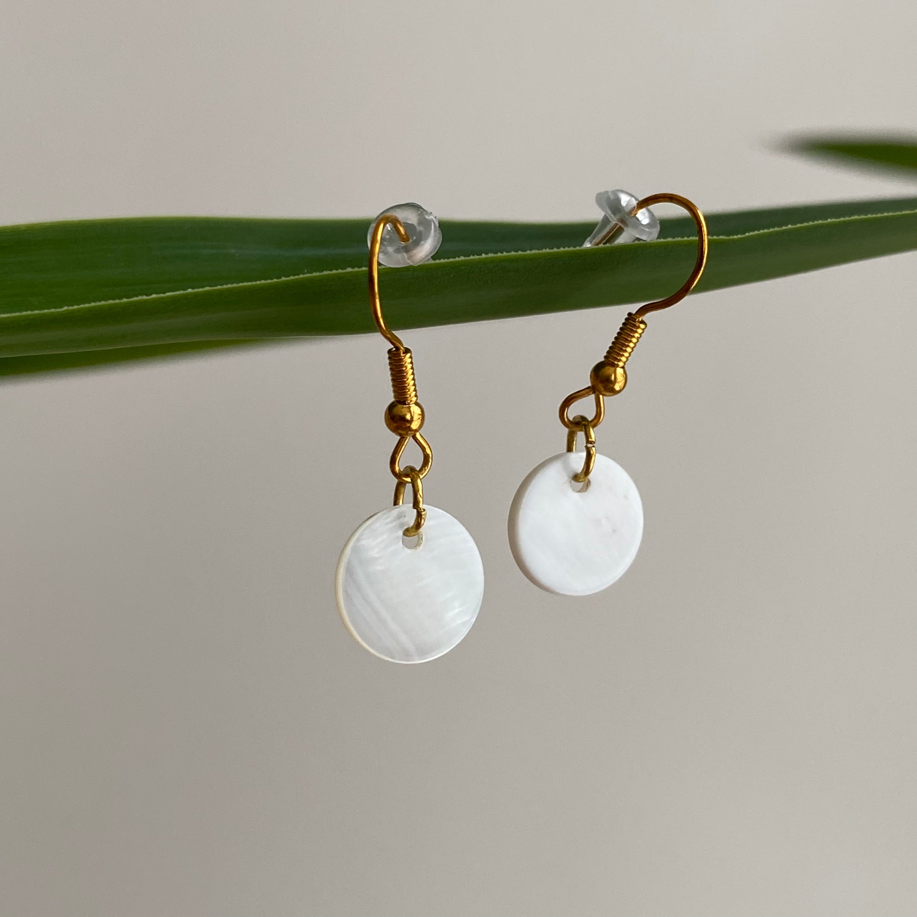 Gold/White Circle Genuine Shell Dangle Earrings