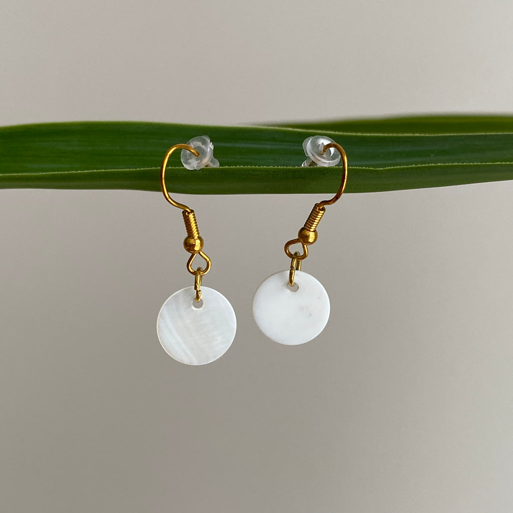 Gold/White Circle Genuine Shell Dangle Earrings