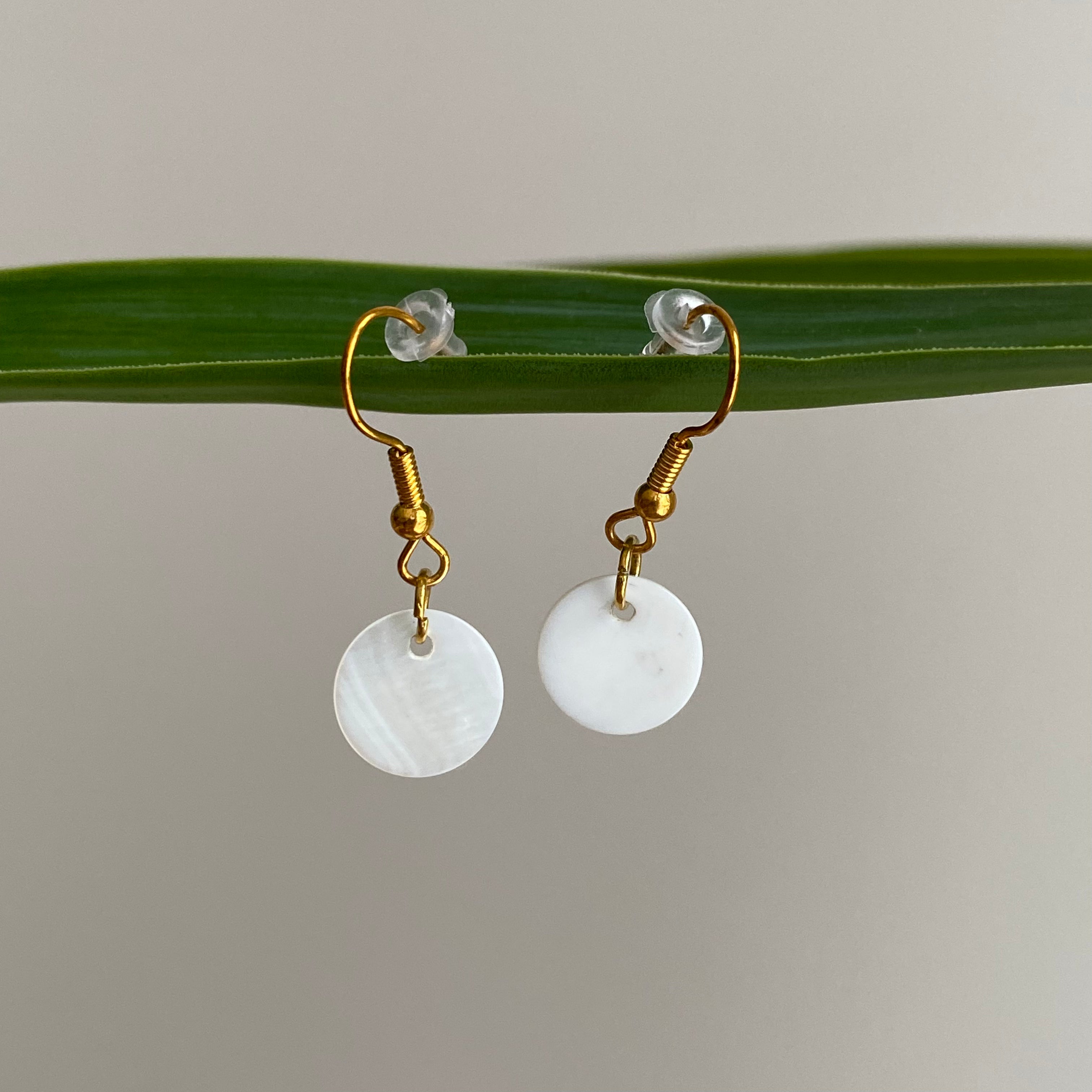 Gold/White Circle Genuine Shell Dangle Earrings