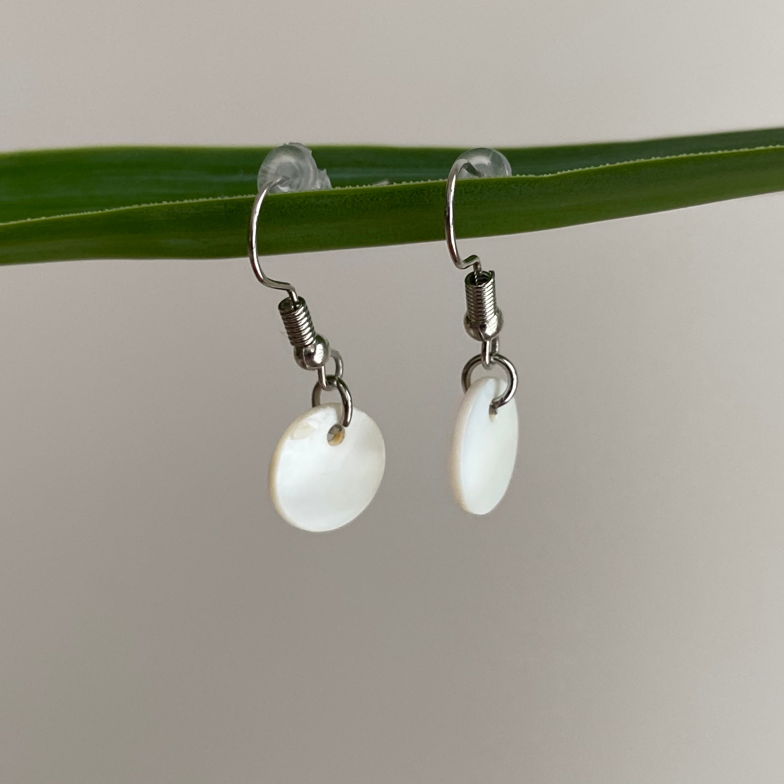 Silver/White Circle Genuine Shell Dangle Earrings