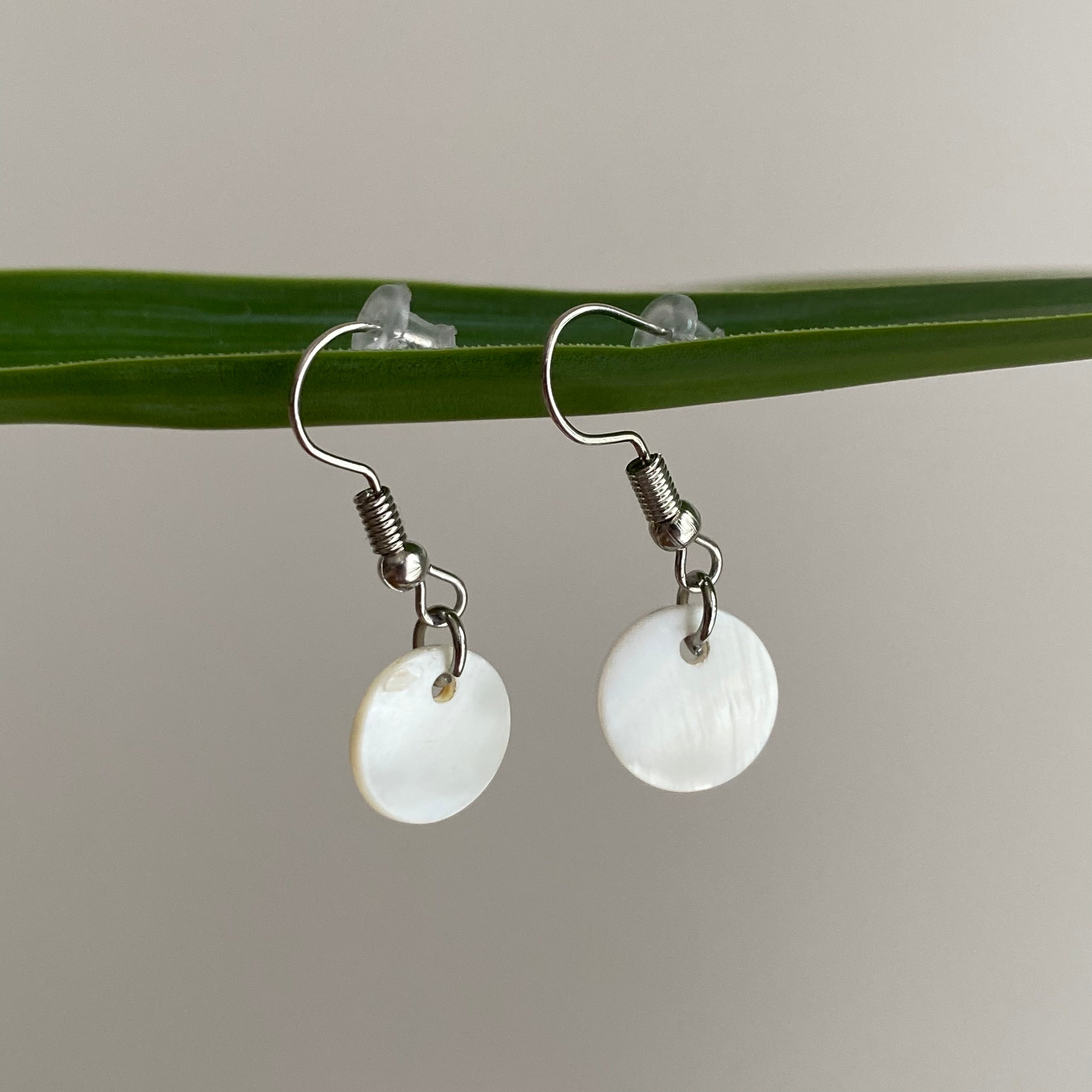 Silver/White Circle Genuine Shell Dangle Earrings