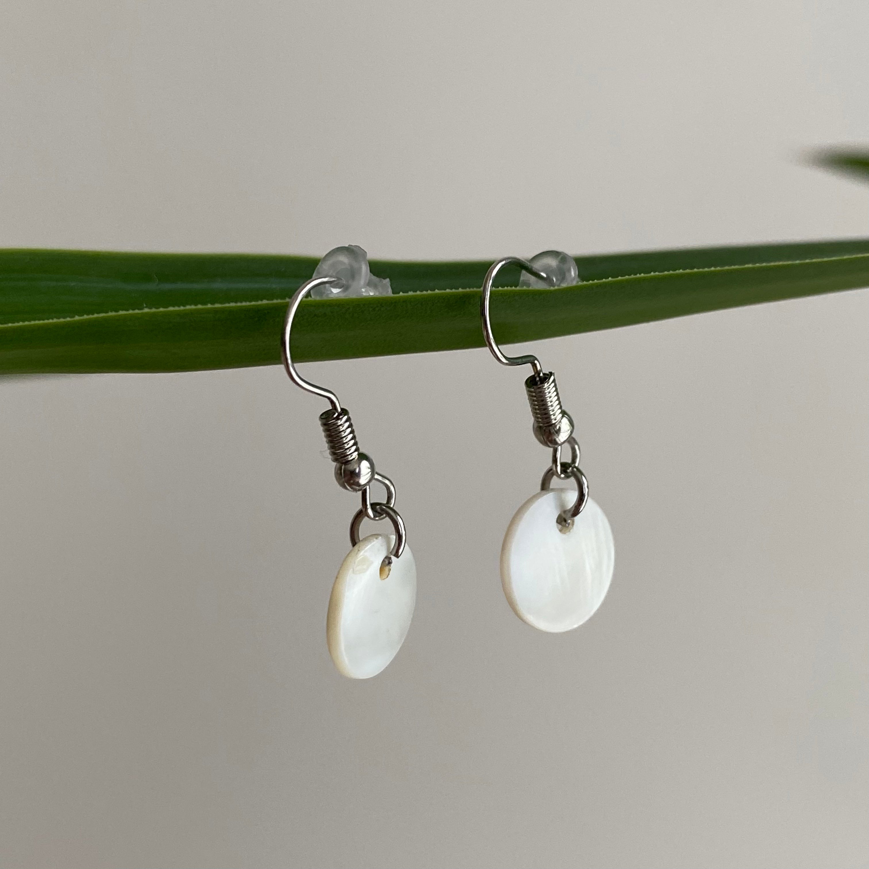 Silver/White Circle Genuine Shell Dangle Earrings