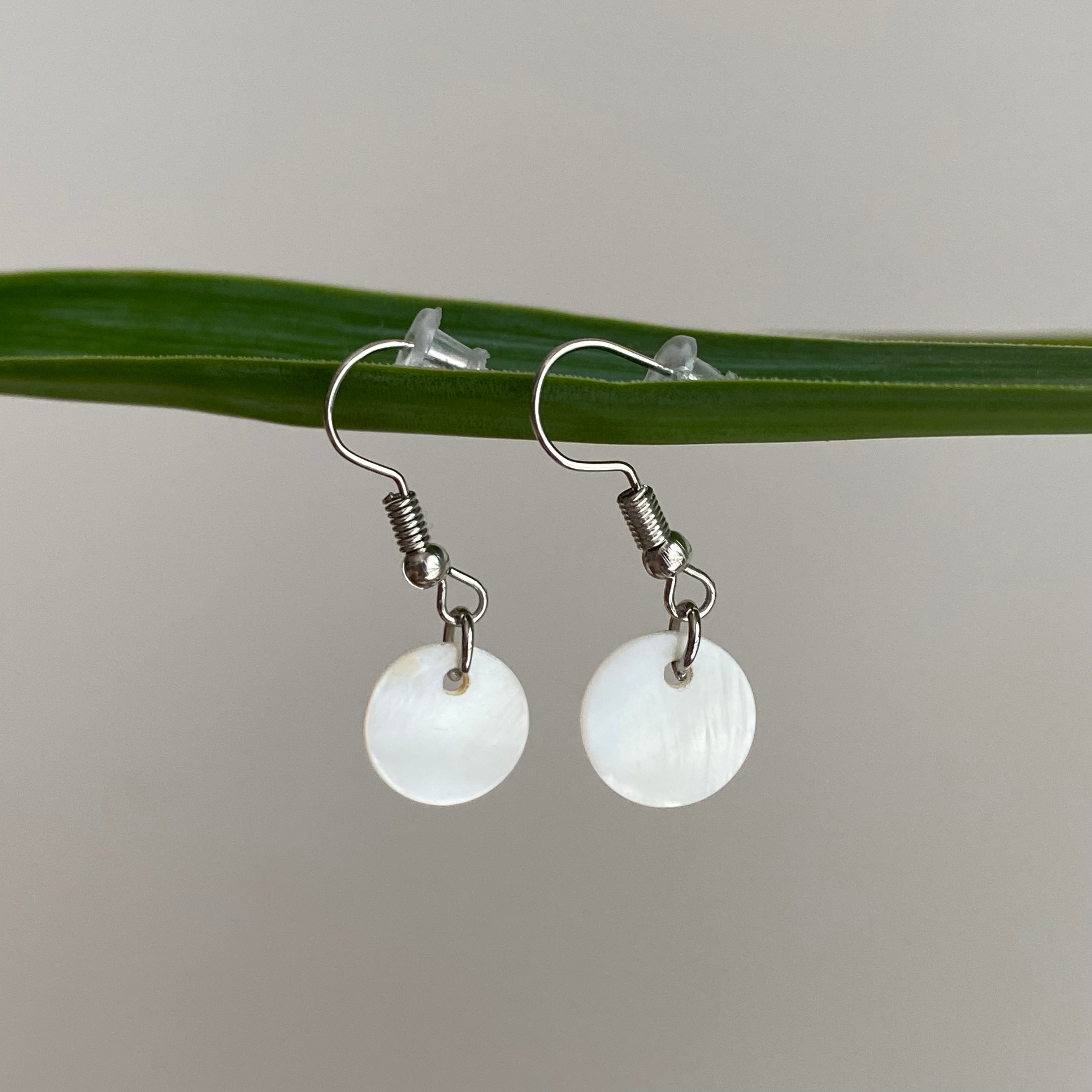 Silver/White Circle Genuine Shell Dangle Earrings