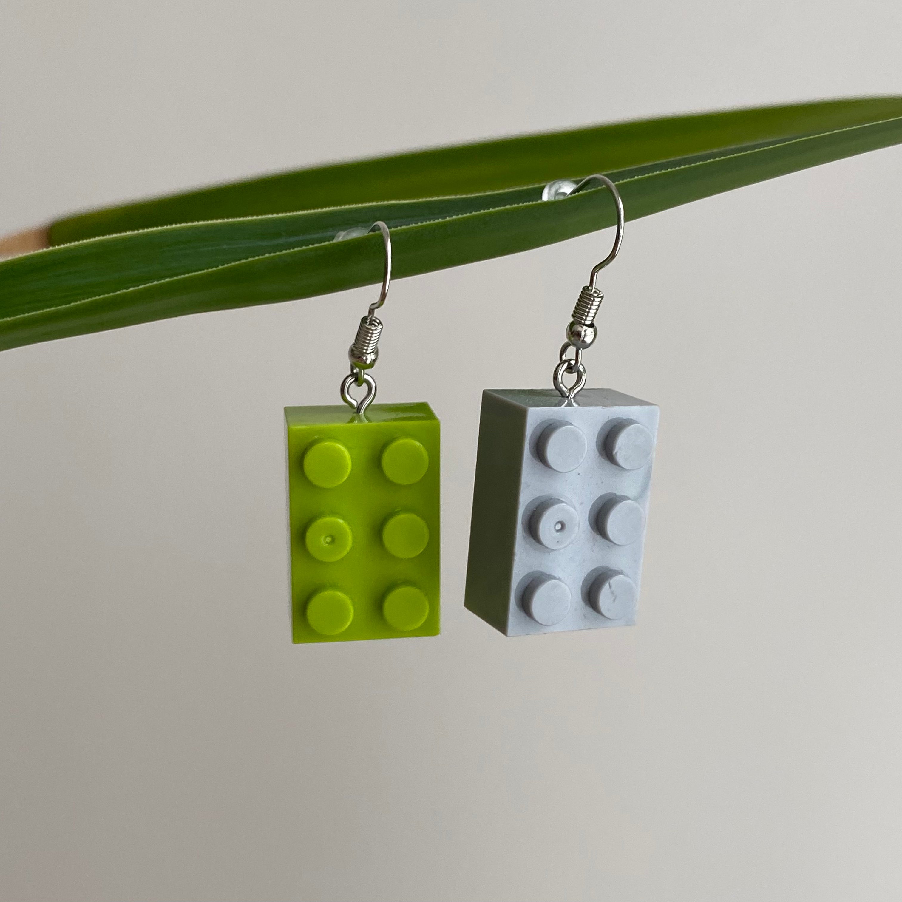 Green/Grey Lego Building Bricks Dangle Earrings
