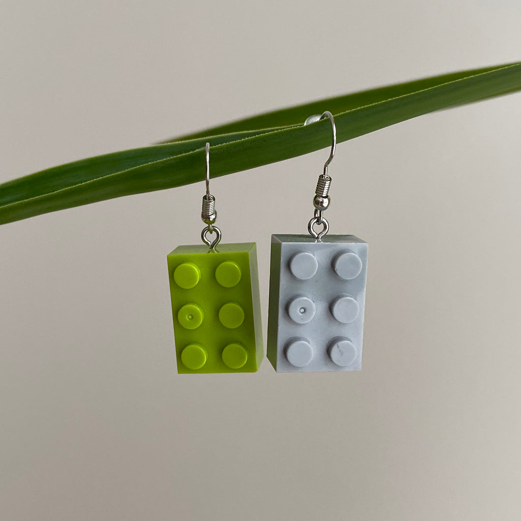 Green/Grey Lego Building Bricks Dangle Earrings