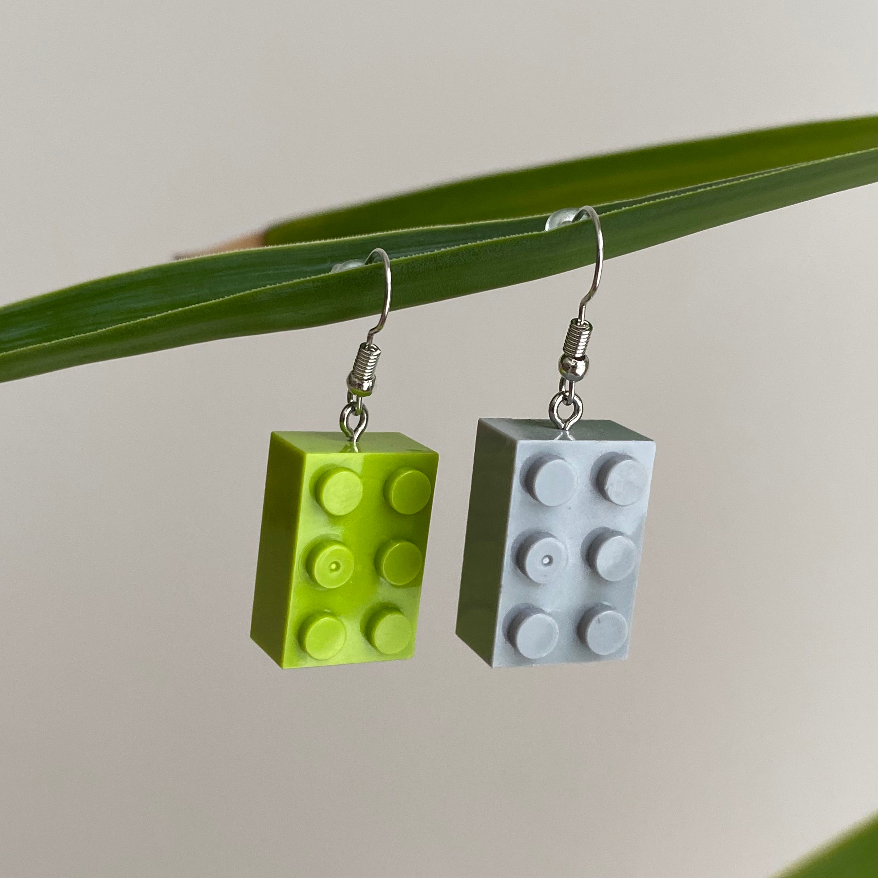 Green/Grey Lego Building Bricks Dangle Earrings