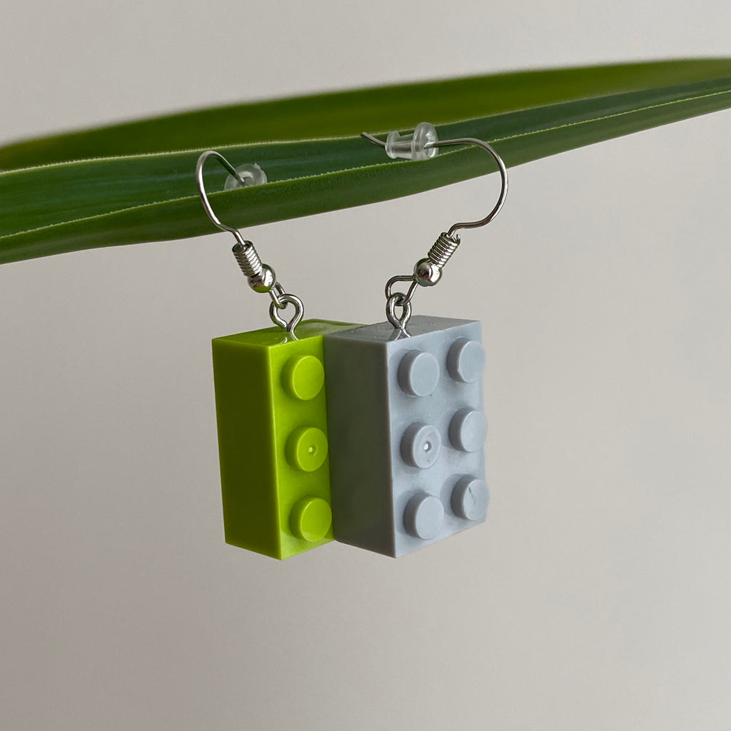 Green/Grey Lego Building Bricks Dangle Earrings