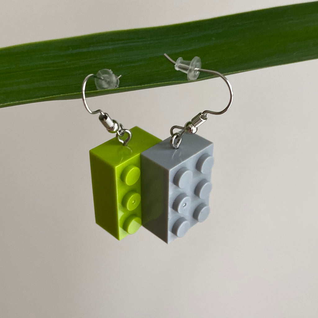 Green/Grey Lego Building Bricks Dangle Earrings