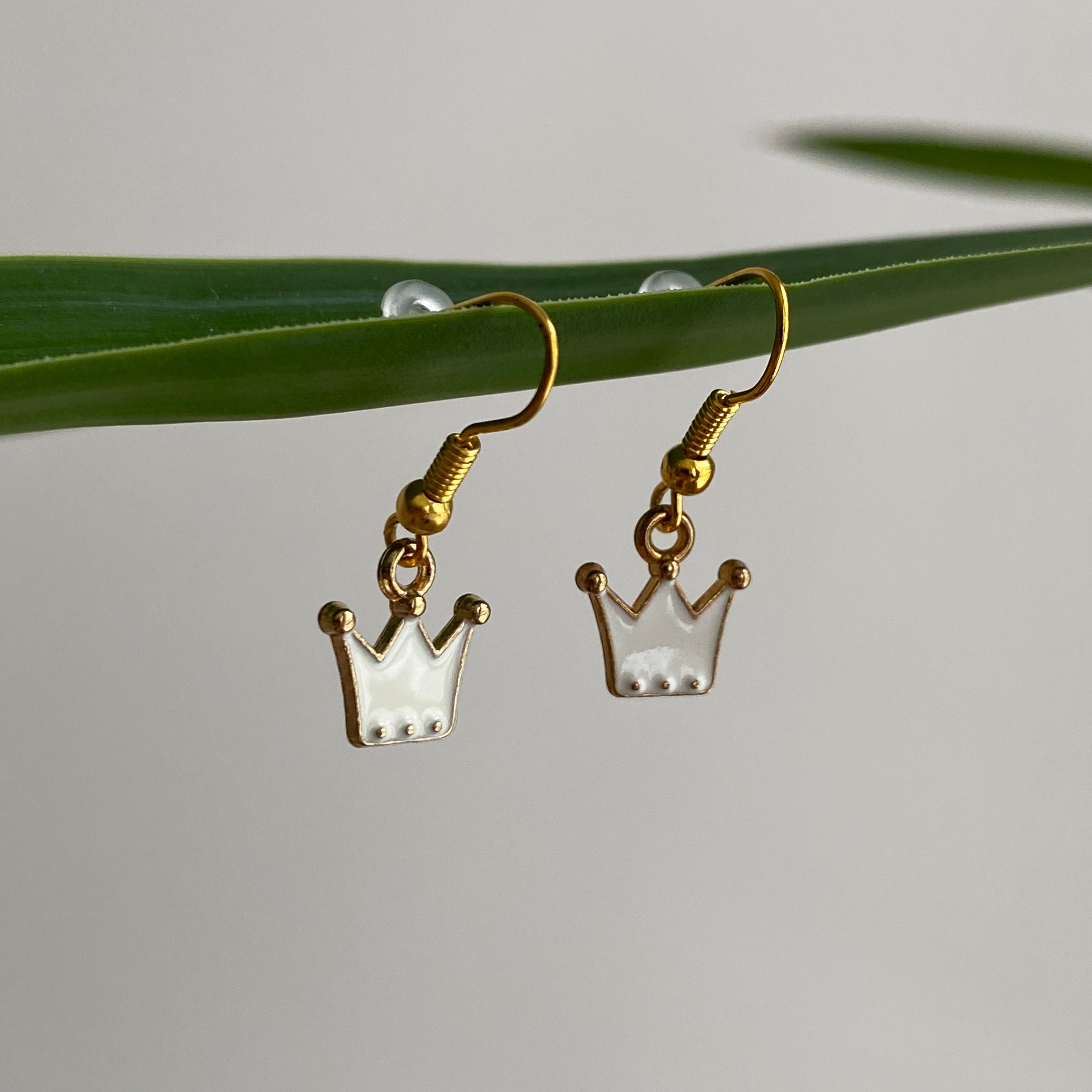 White Royal Crown Dangle Earrings